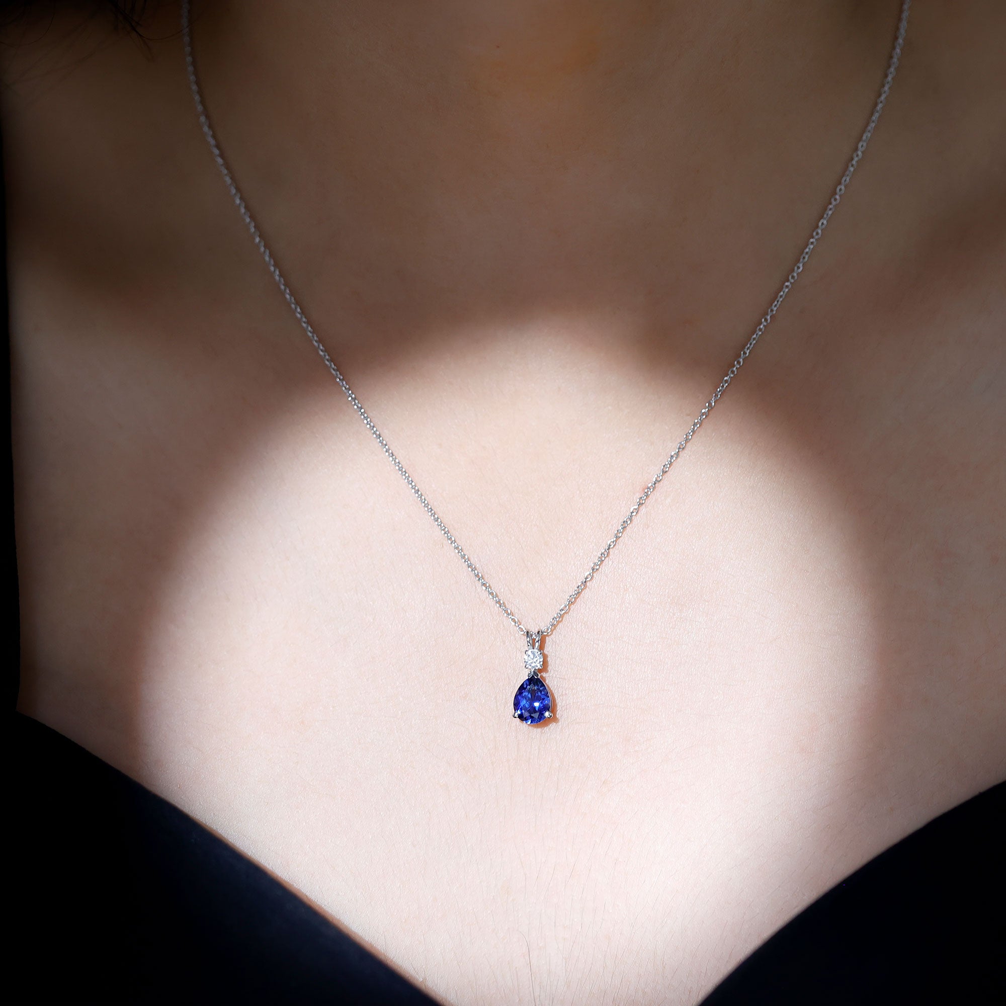 Lab Created Blue Sapphire Teardrop Necklace with Moissanite AAAA - Rosec Jewels