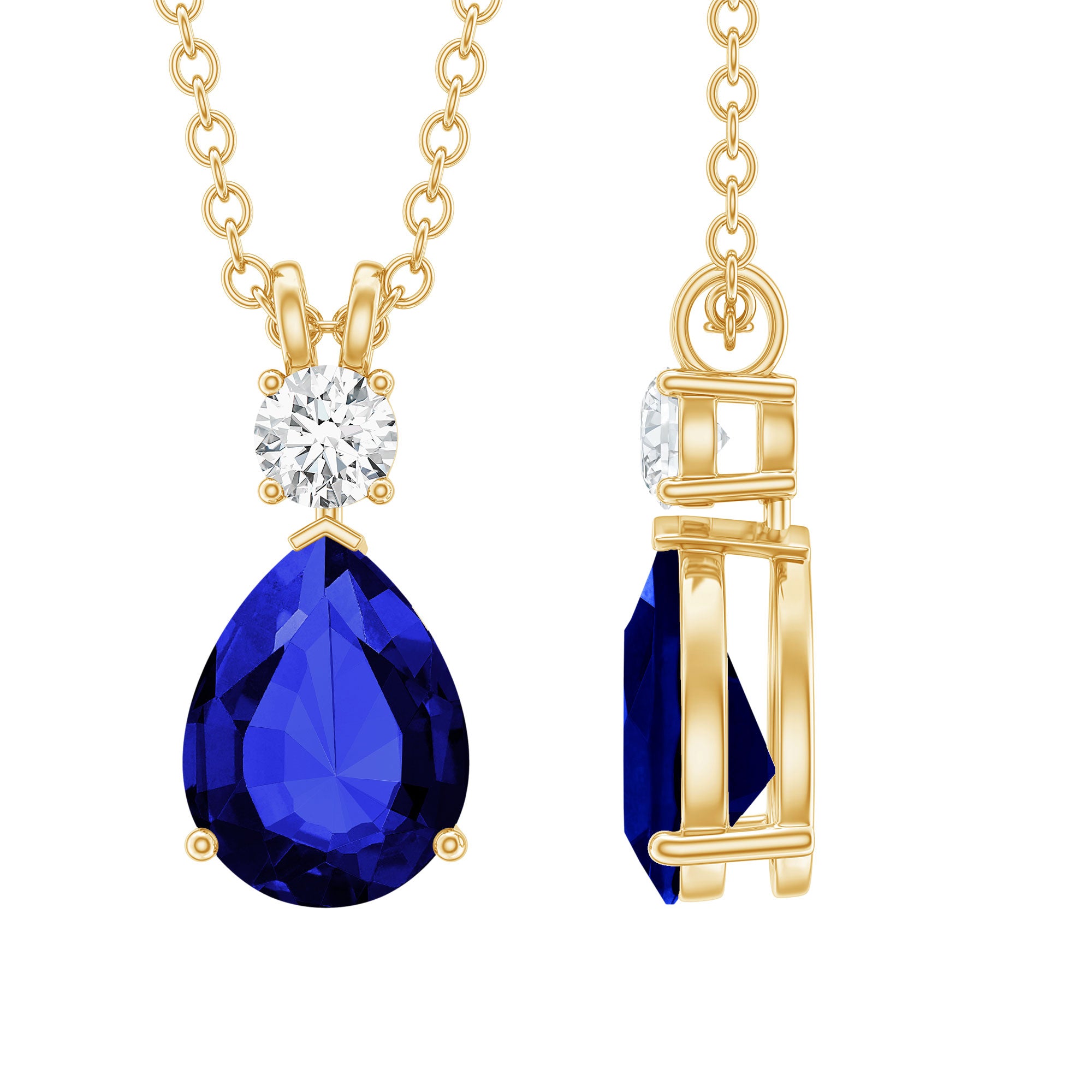Lab Created Blue Sapphire Teardrop Necklace with Moissanite AAAA - Rosec Jewels