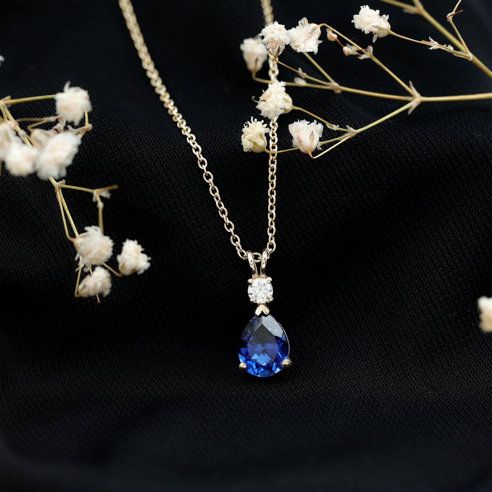 Lab Created Blue Sapphire Teardrop Necklace with Moissanite AAAA - Rosec Jewels