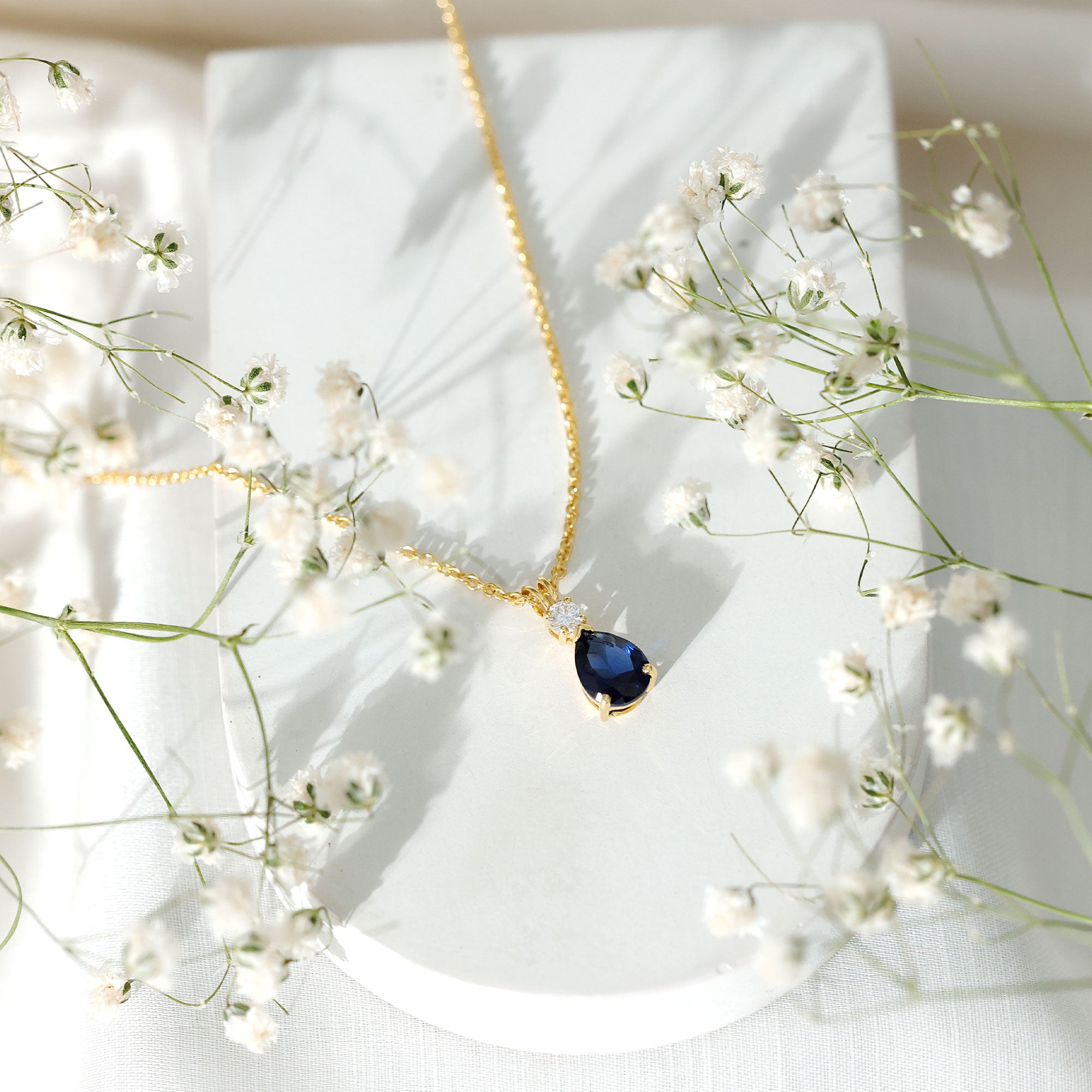 Lab Created Blue Sapphire Teardrop Necklace with Moissanite AAAA - Rosec Jewels