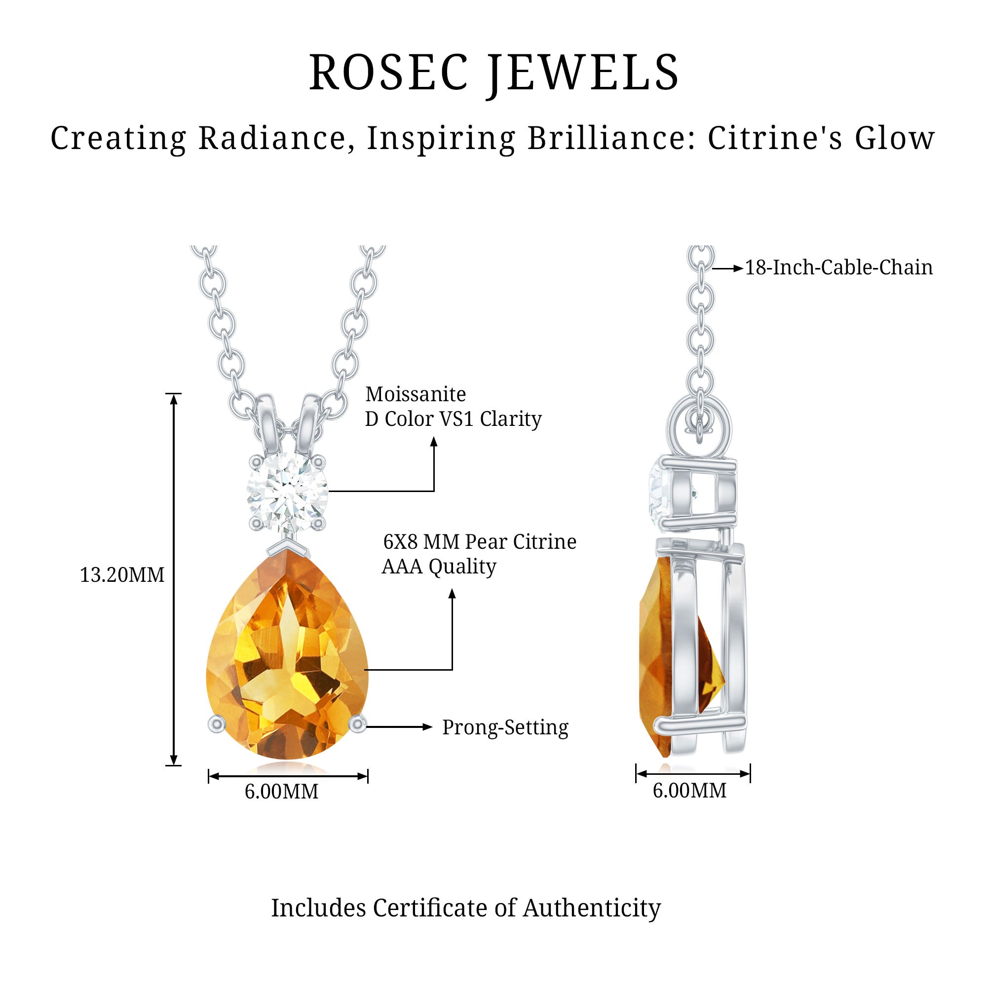 1 Carat Citrine Teardrop Pendant Necklace with Lab Grown Diamond AAA - Rosec Jewels