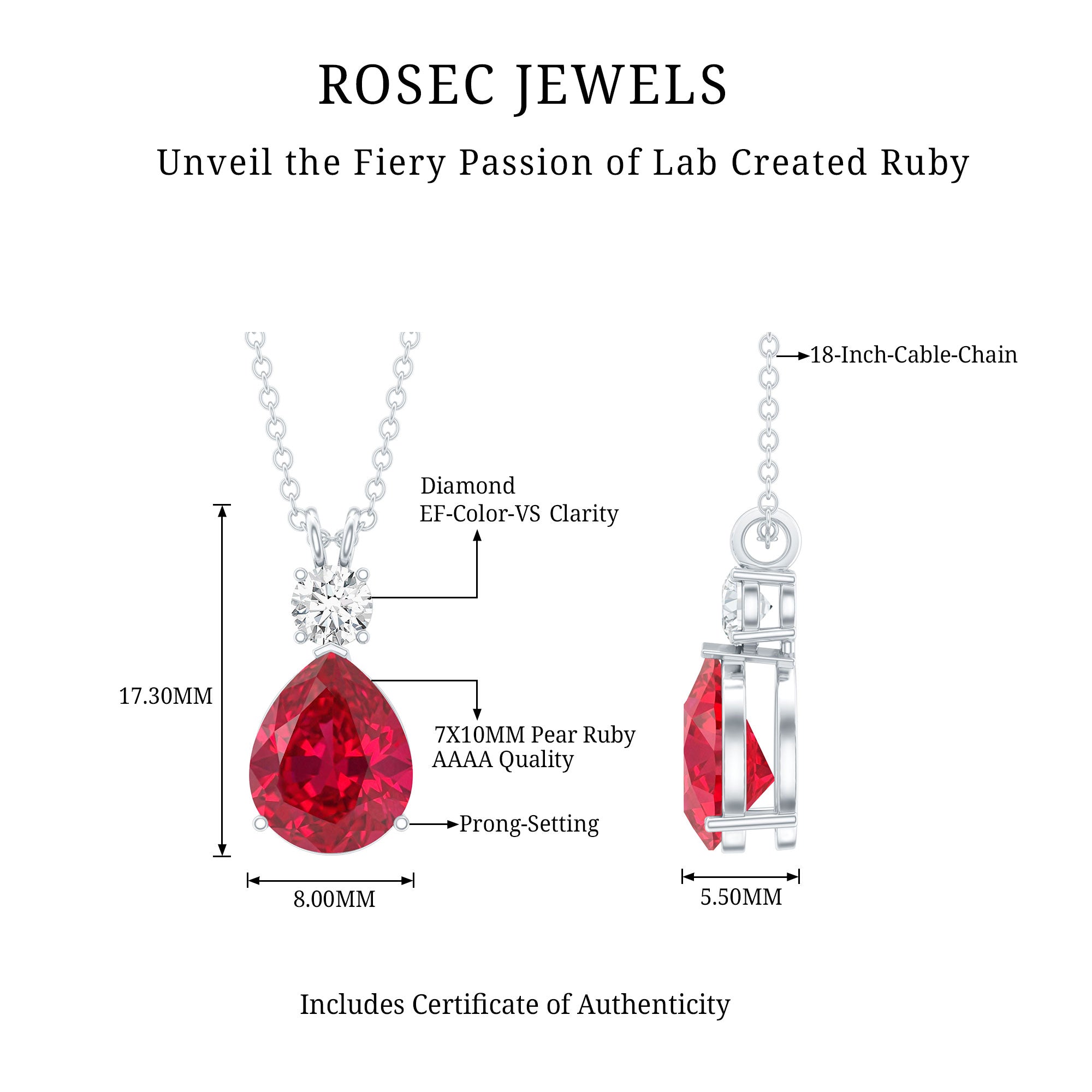 2.9 Carat Lab Created Ruby Teardrop Pendant with Diamond AAAA - Rosec Jewels