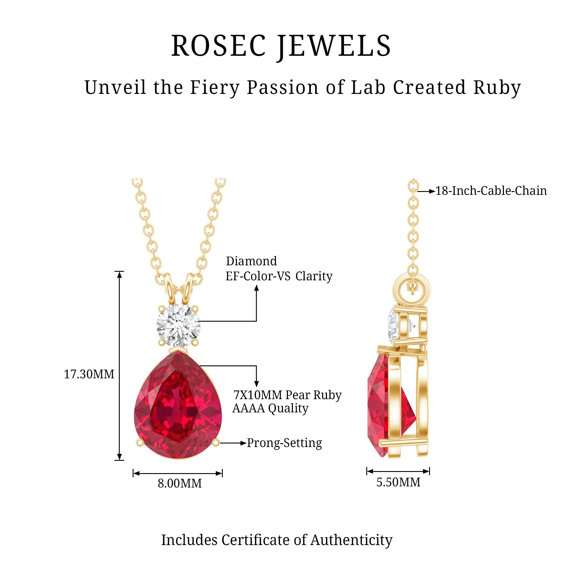 2.9 Carat Lab Created Ruby Teardrop Pendant with Diamond AAAA - Rosec Jewels