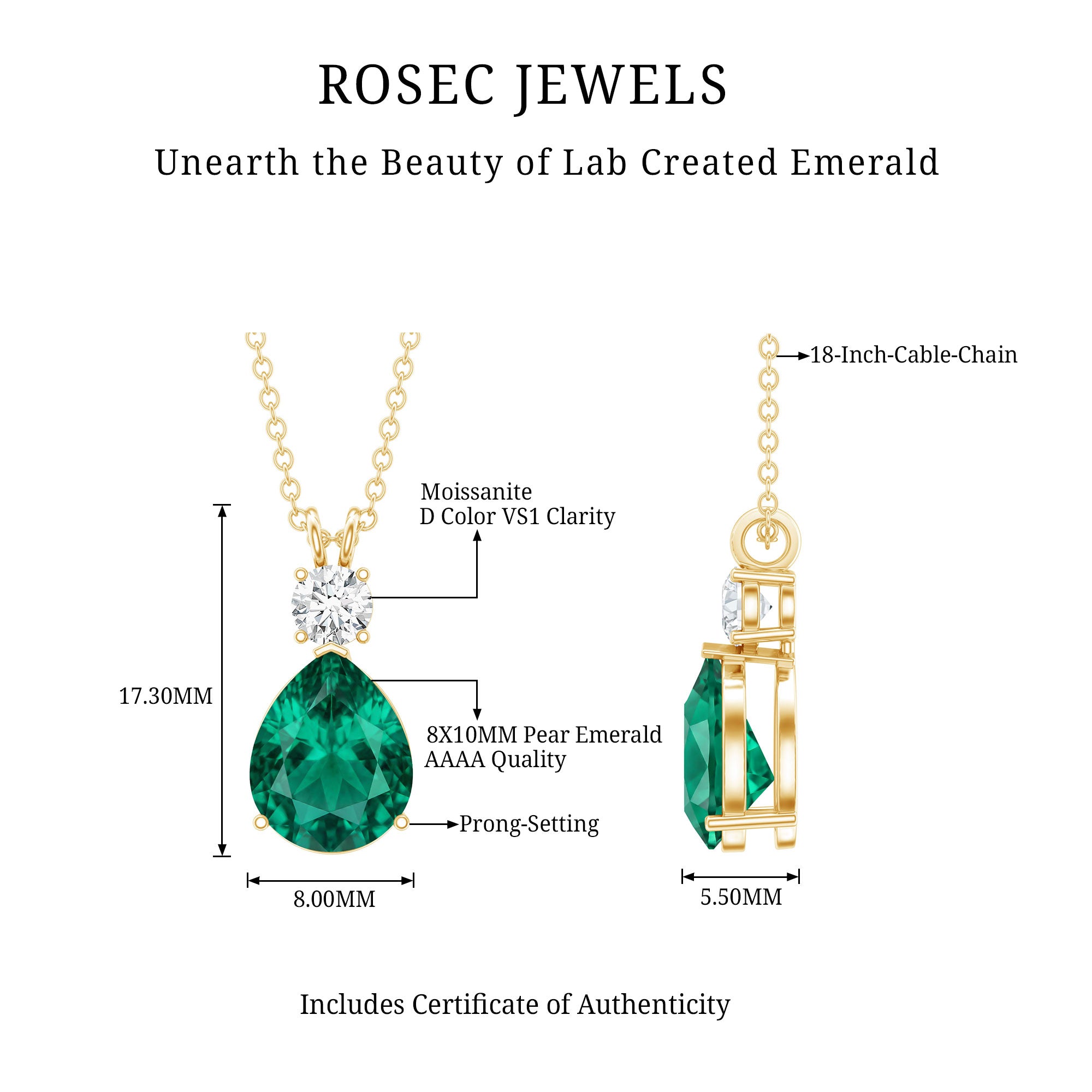 Lab Grown Emerald Teardrop Pendant with Moissanite AAAA - Rosec Jewels