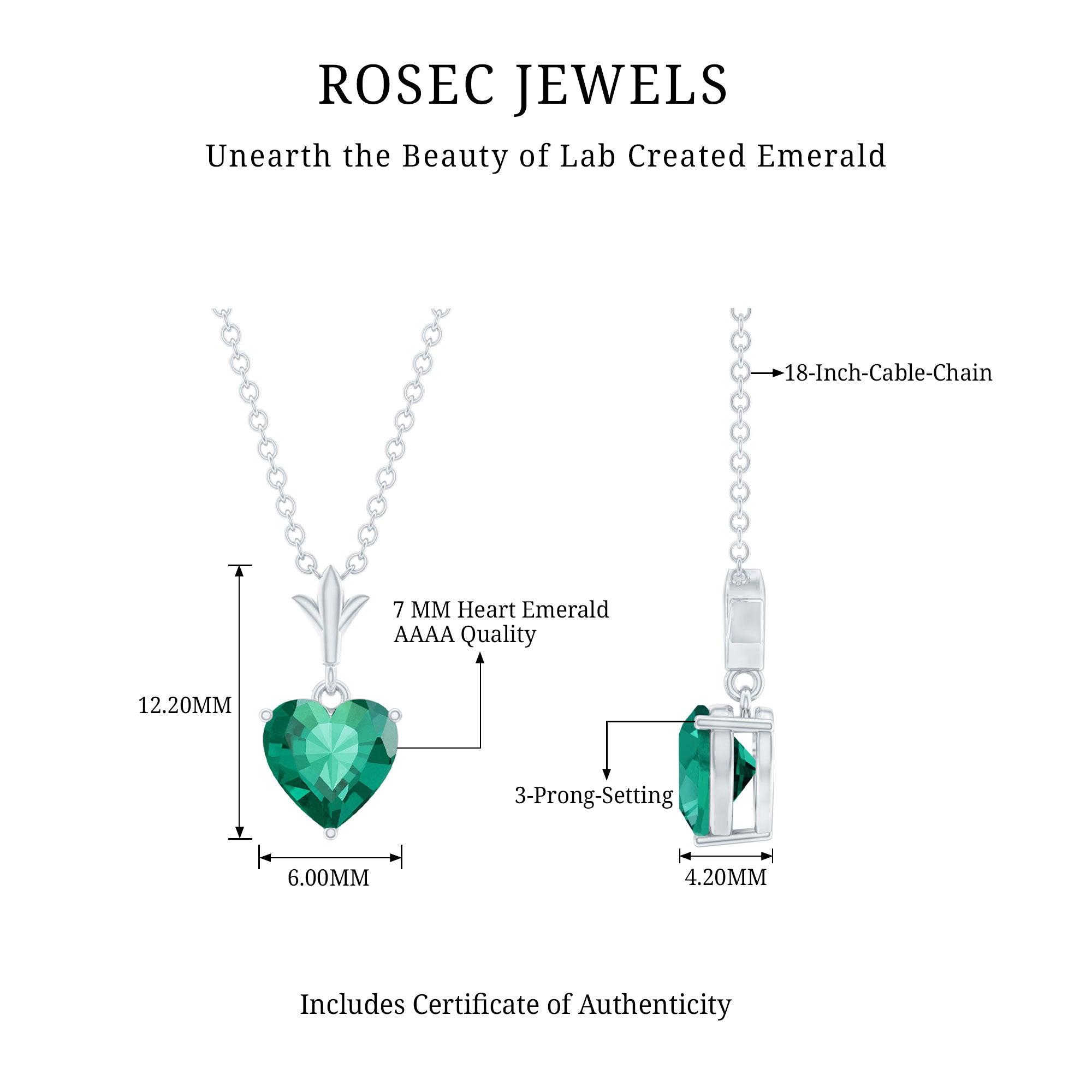 Certified Lab Created Emerald Heart Solitaire Necklace With Chain AAAA - Rosec Jewels