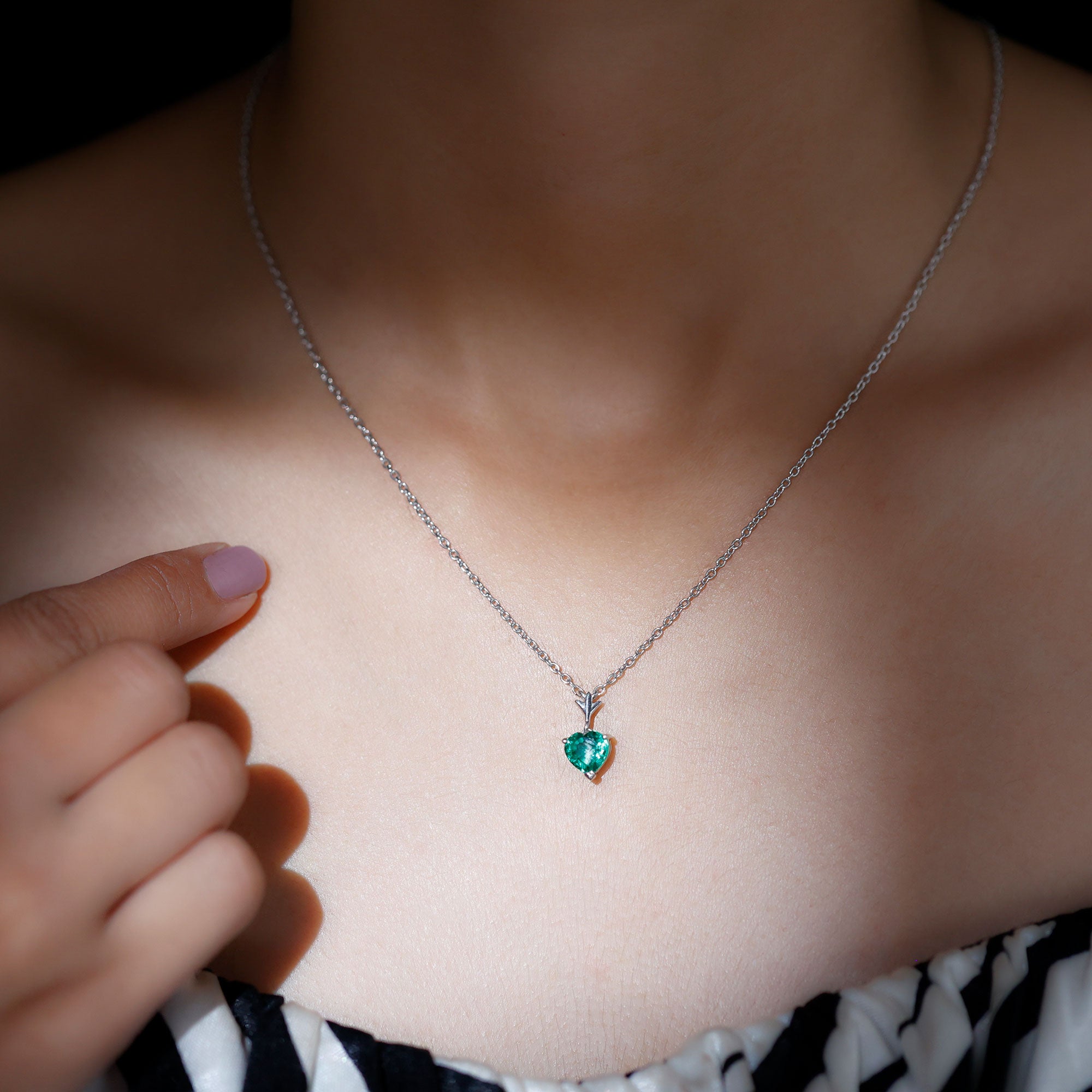 Certified Lab Created Emerald Heart Solitaire Necklace With Chain AAAA - Rosec Jewels
