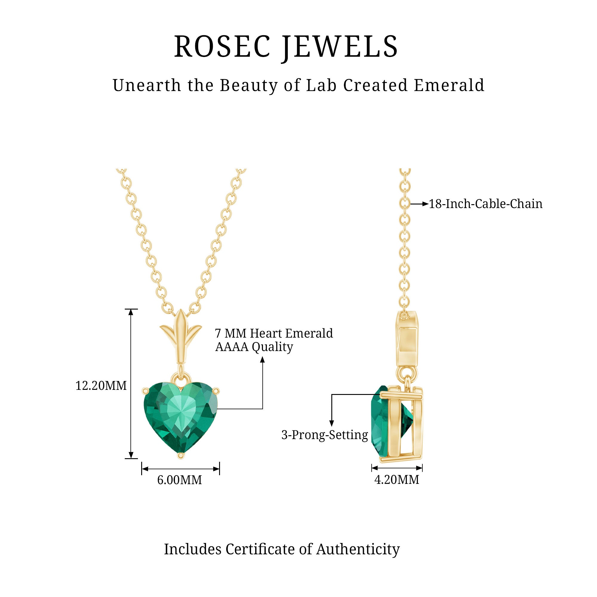 Certified Lab Created Emerald Heart Solitaire Necklace With Chain AAAA - Rosec Jewels