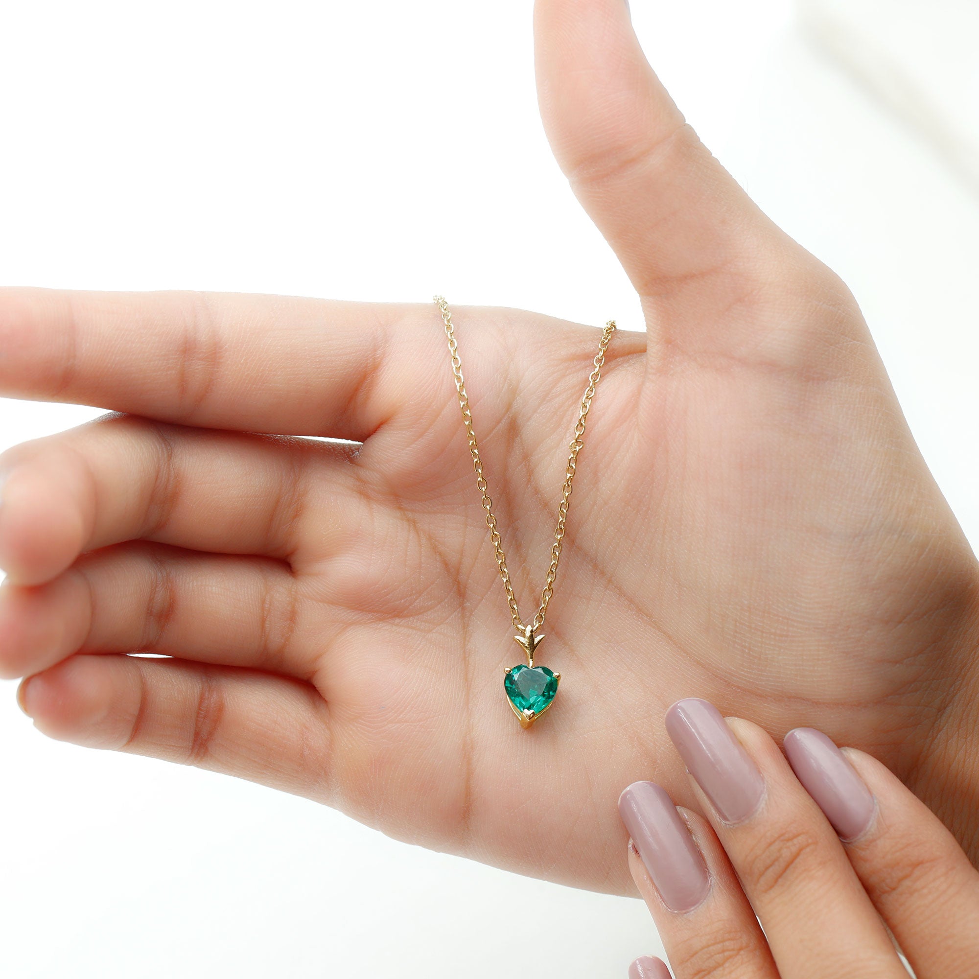 Certified Lab Created Emerald Heart Solitaire Necklace With Chain AAAA - Rosec Jewels