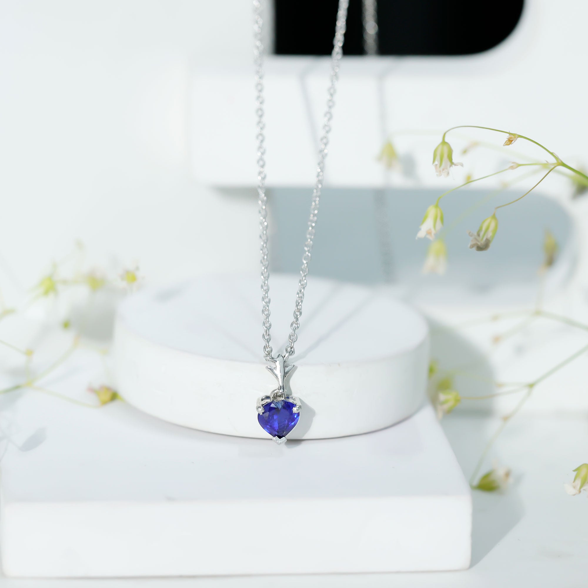1 Carat Lab Grown Blue Sapphire Heart Necklace for Women AAAA - Rosec Jewels