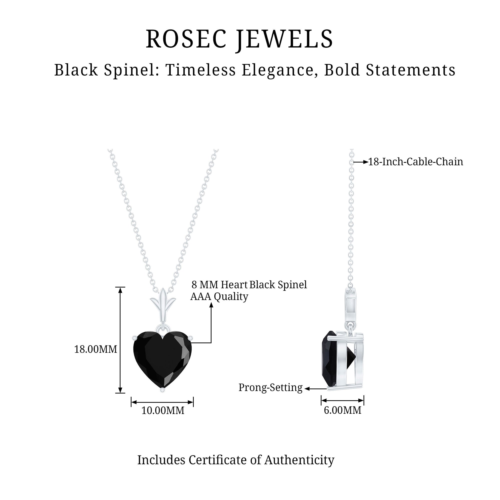 Natural Black Spinel Heart Necklace for Women AAA - Rosec Jewels