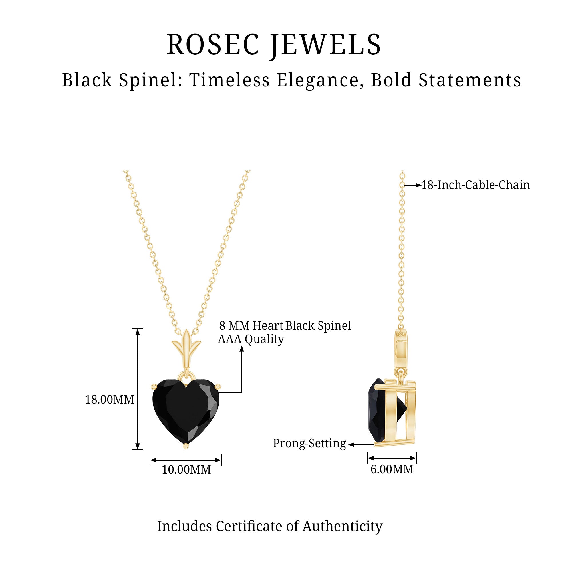Natural Black Spinel Heart Necklace for Women AAA - Rosec Jewels
