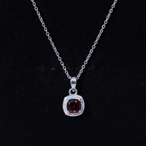Cushion Cut Garnet and Moissanite Halo Pendant Necklace With Chain AAA - Rosec Jewels