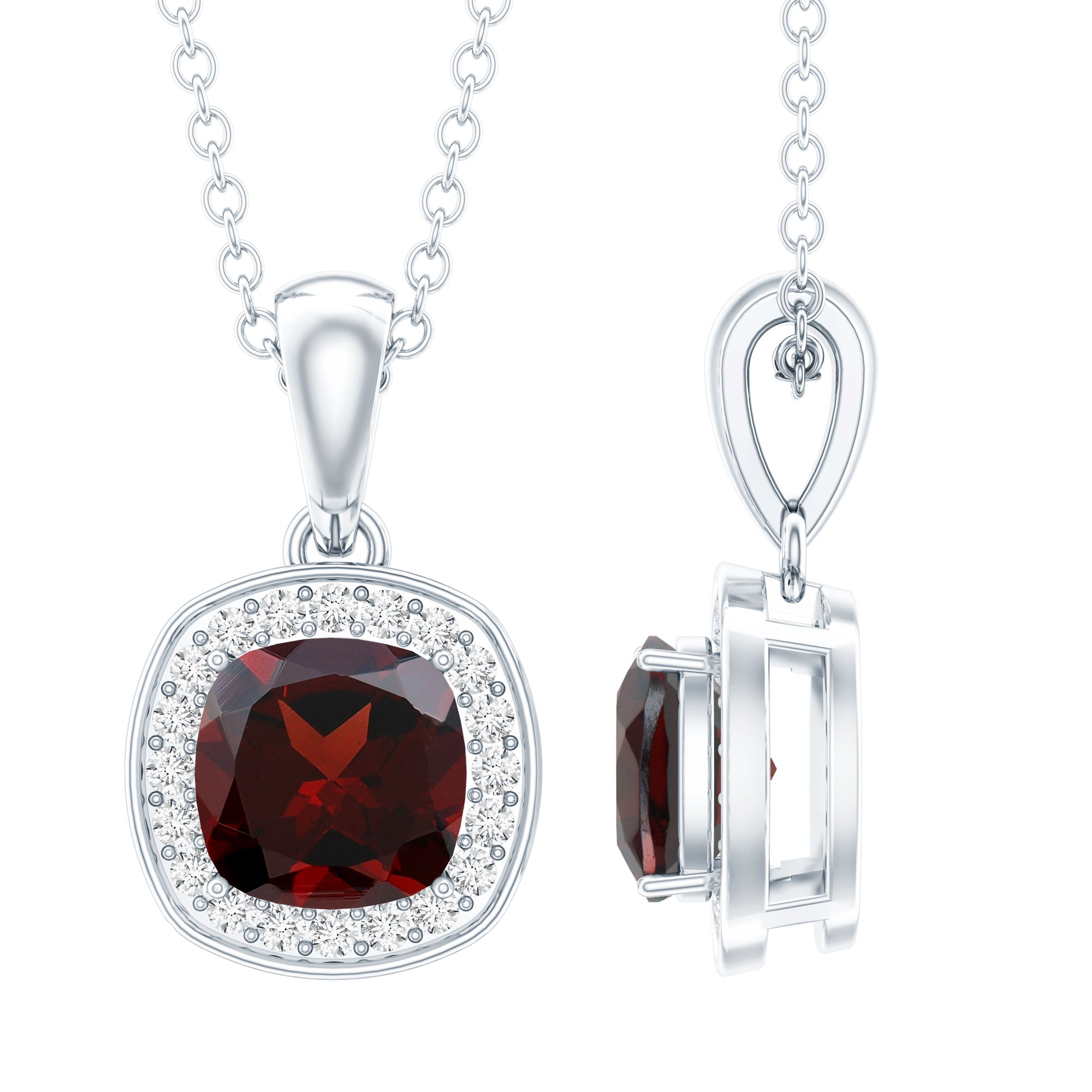 Cushion Cut Garnet and Moissanite Halo Pendant Necklace With Chain AAA - Rosec Jewels