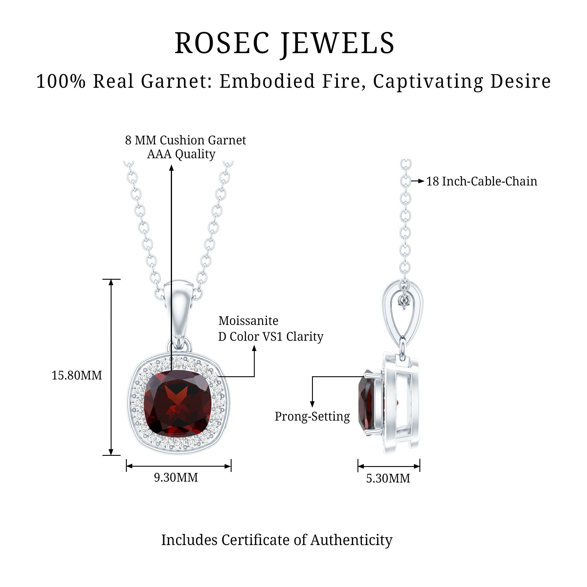Cushion Cut Garnet and Moissanite Halo Pendant Necklace With Chain AAA - Rosec Jewels