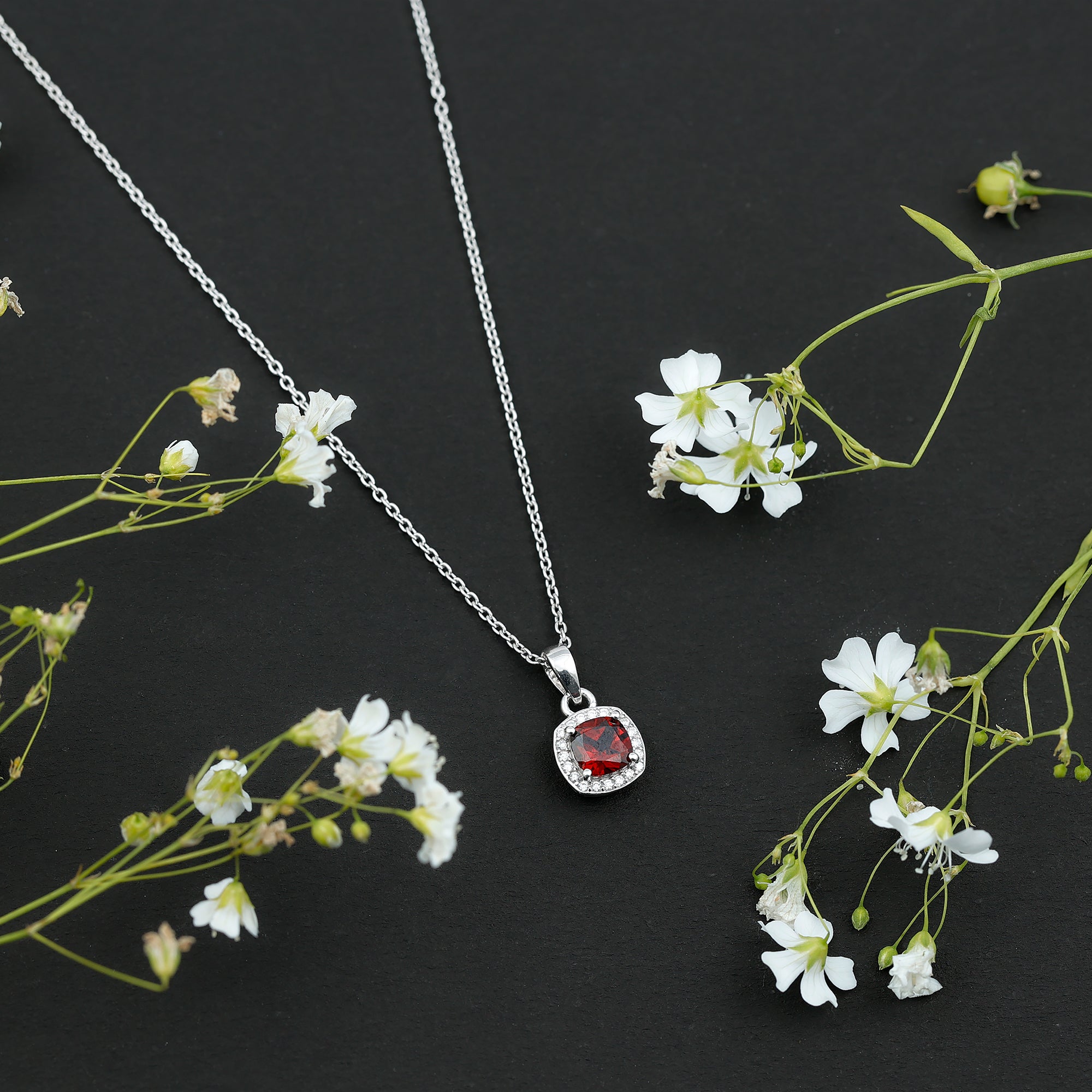 Cushion Cut Garnet and Moissanite Halo Pendant Necklace With Chain AAA - Rosec Jewels