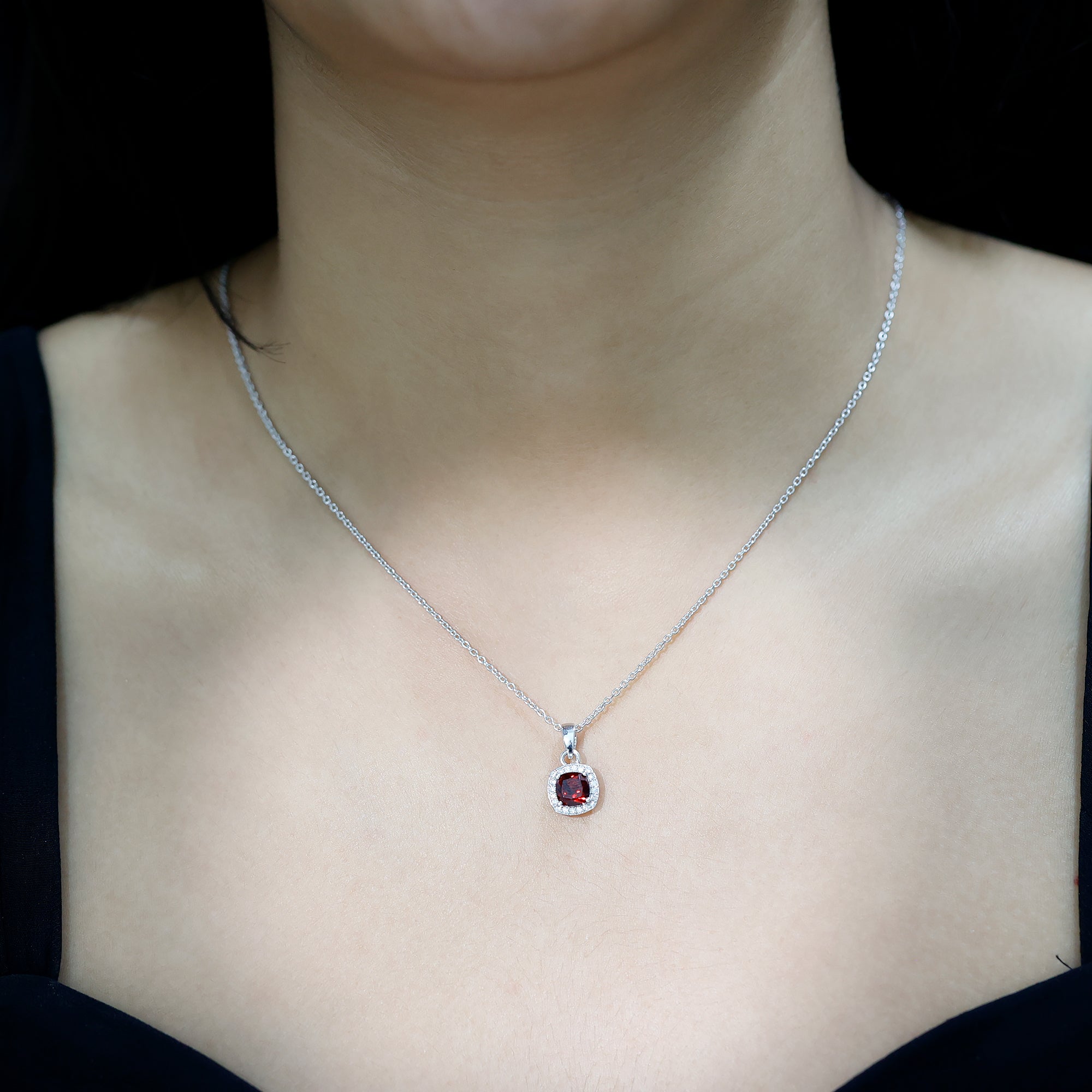 Cushion Cut Garnet and Moissanite Halo Pendant Necklace With Chain AAA - Rosec Jewels