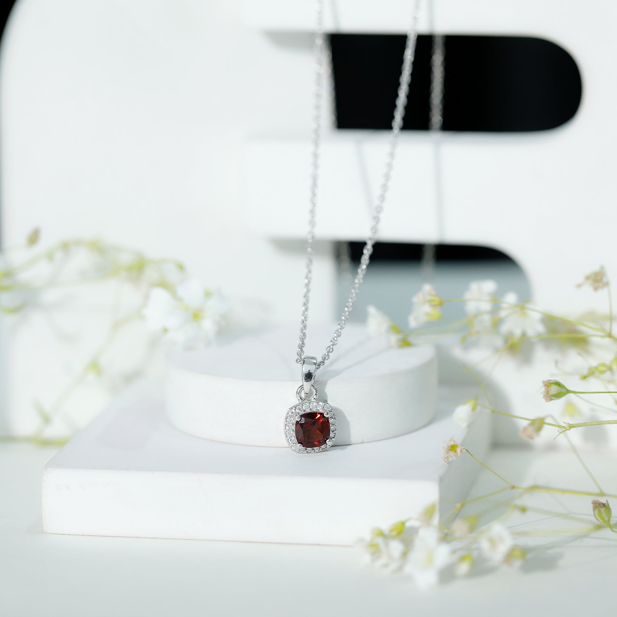 Cushion Cut Garnet and Moissanite Halo Pendant Necklace With Chain AAA - Rosec Jewels
