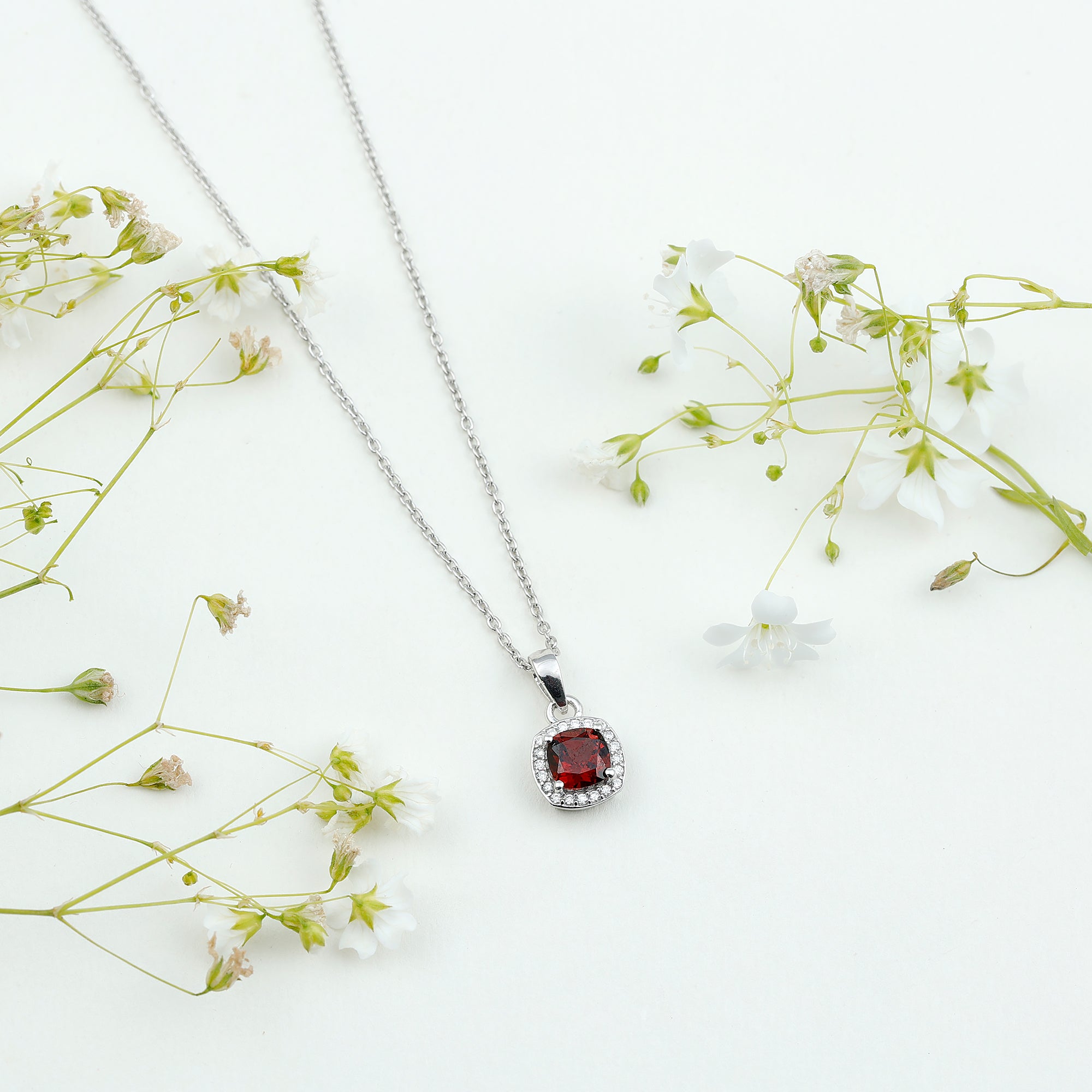 Cushion Cut Garnet and Moissanite Halo Pendant Necklace With Chain AAA - Rosec Jewels