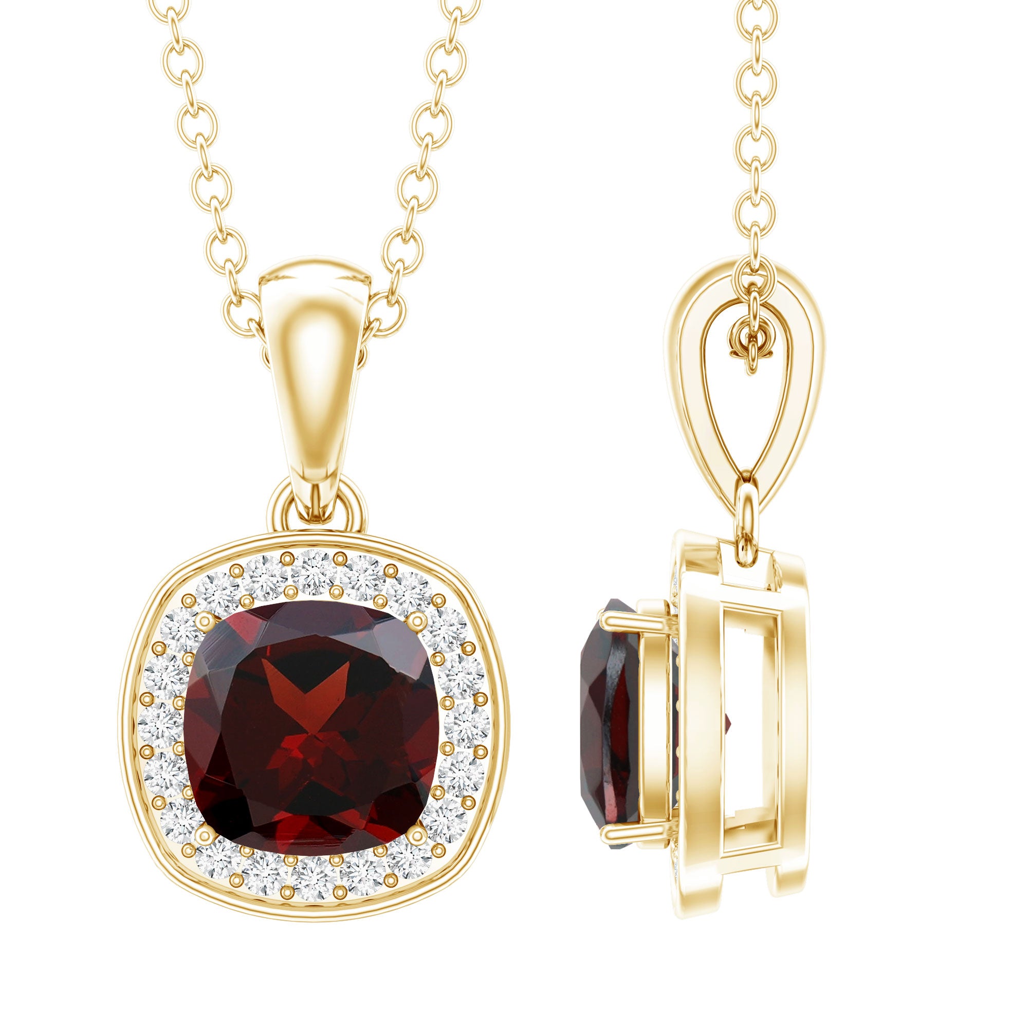 Cushion Cut Garnet and Moissanite Halo Pendant Necklace With Chain AAA - Rosec Jewels
