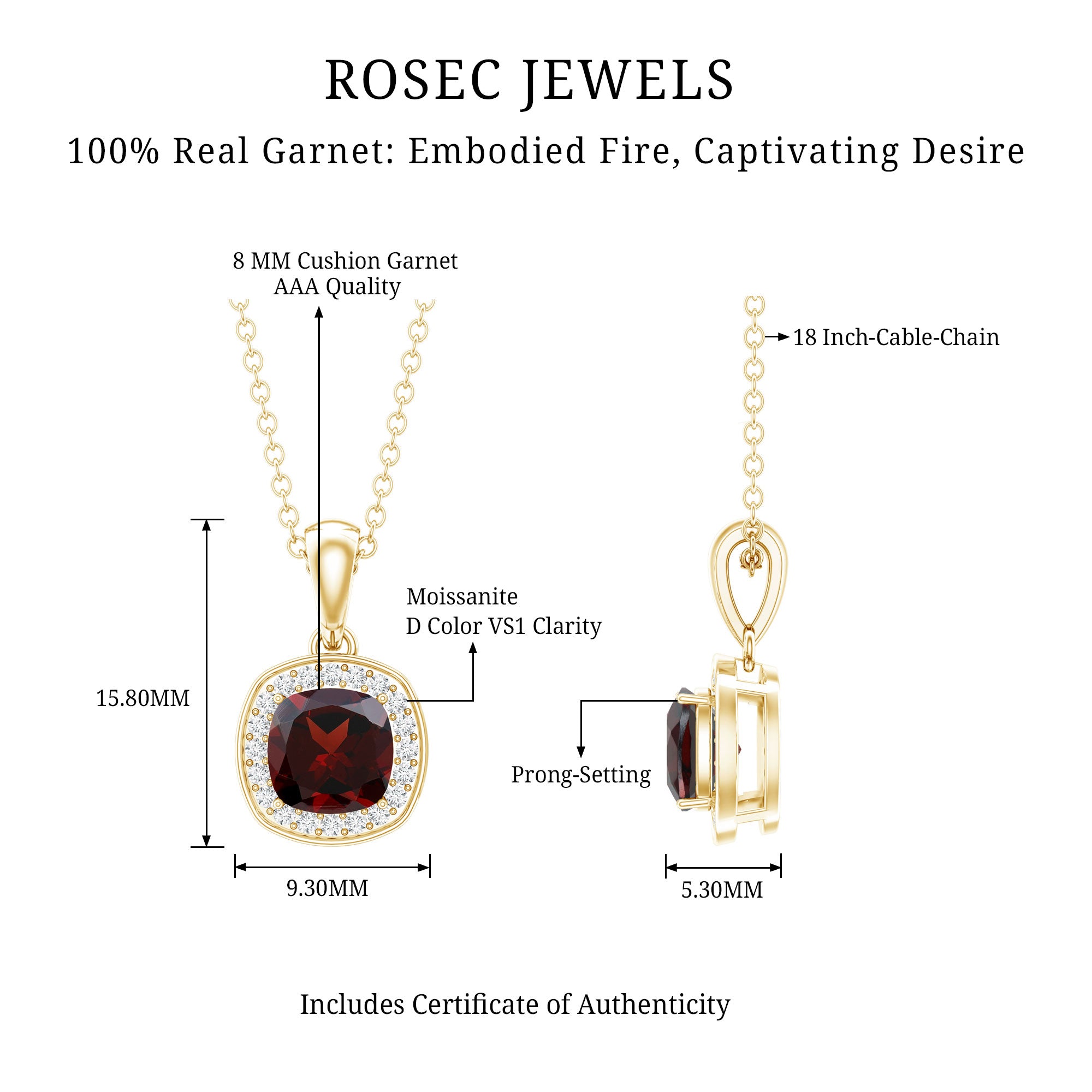 Cushion Cut Garnet and Moissanite Halo Pendant Necklace With Chain AAA - Rosec Jewels
