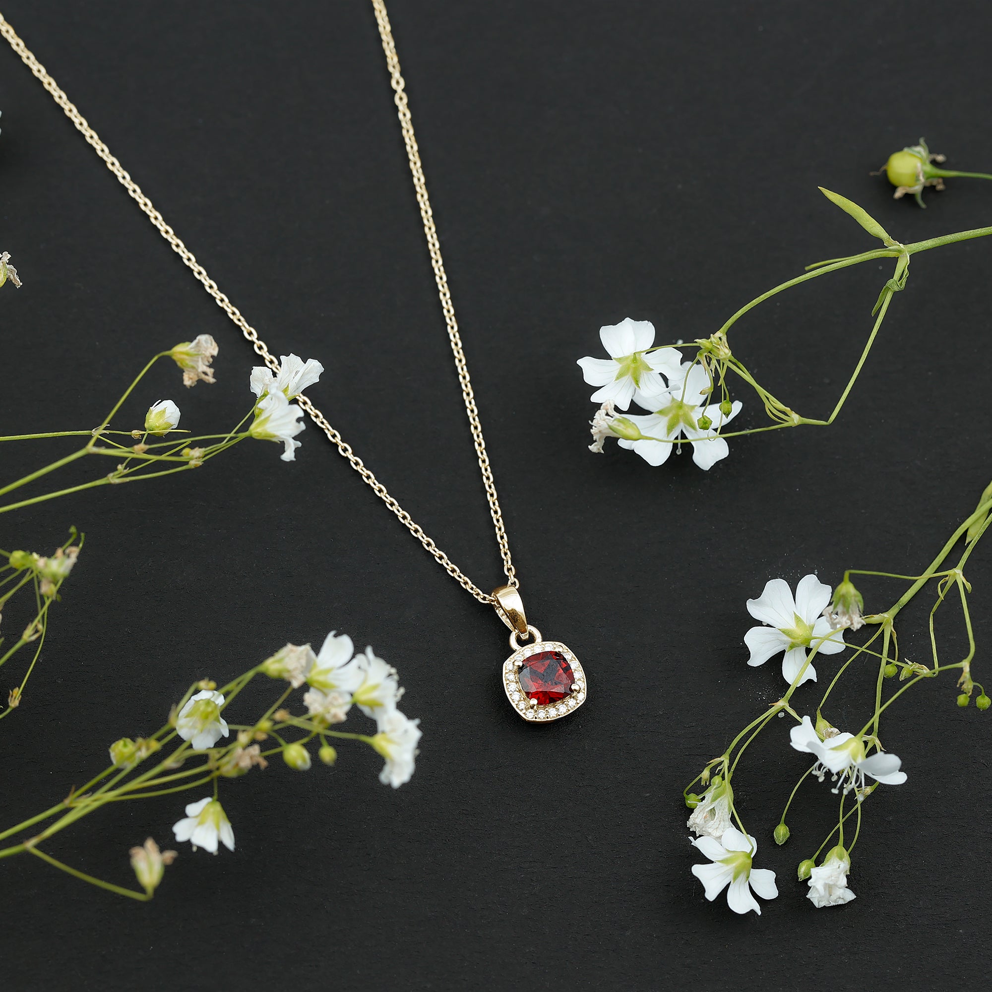 Cushion Cut Garnet and Moissanite Halo Pendant Necklace With Chain AAA - Rosec Jewels