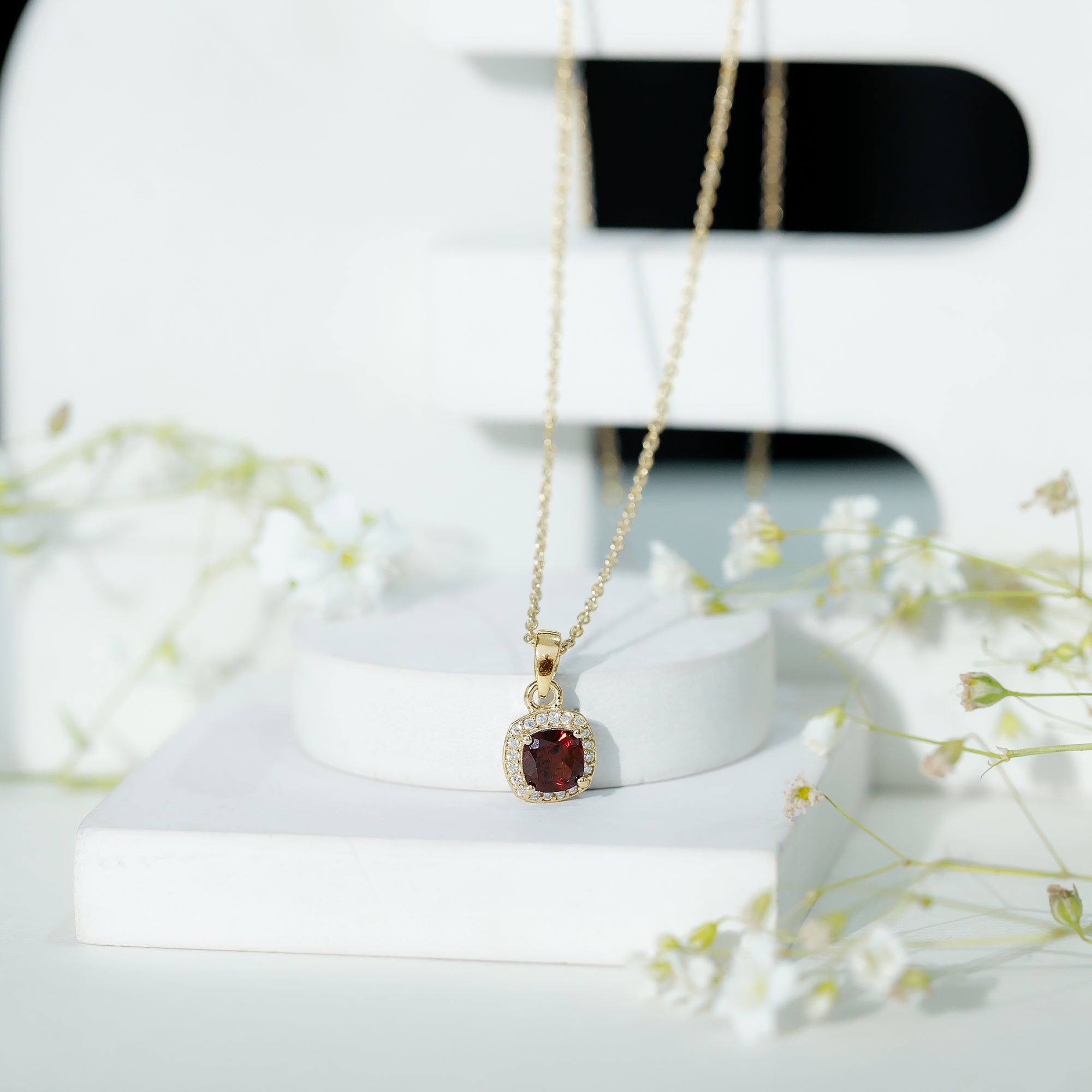 Cushion Cut Garnet and Moissanite Halo Pendant Necklace With Chain AAA - Rosec Jewels