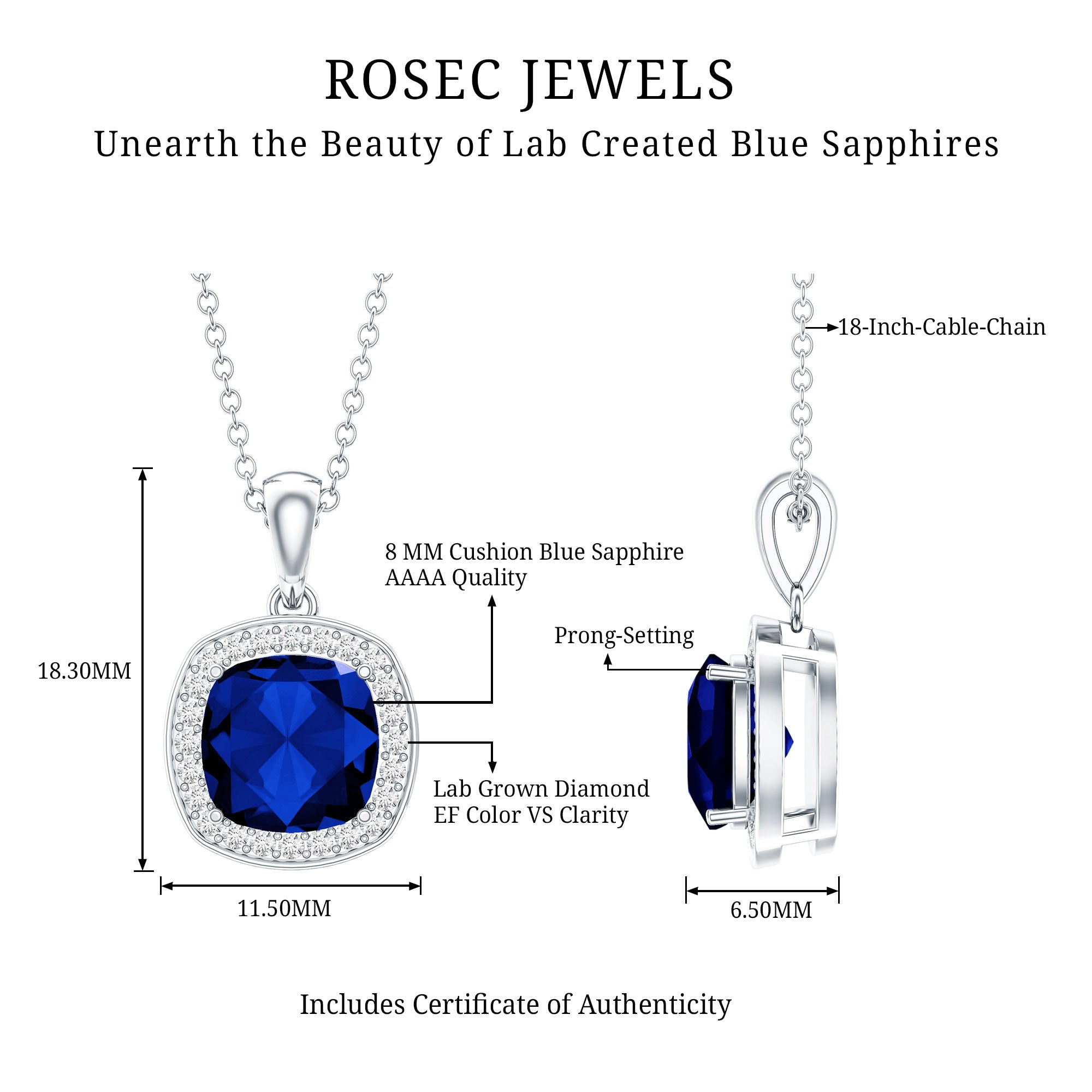 2.7 Carat Cushion Cut Lab Created Blue Sapphire and Diamond Halo Pendant AAAA - Rosec Jewels