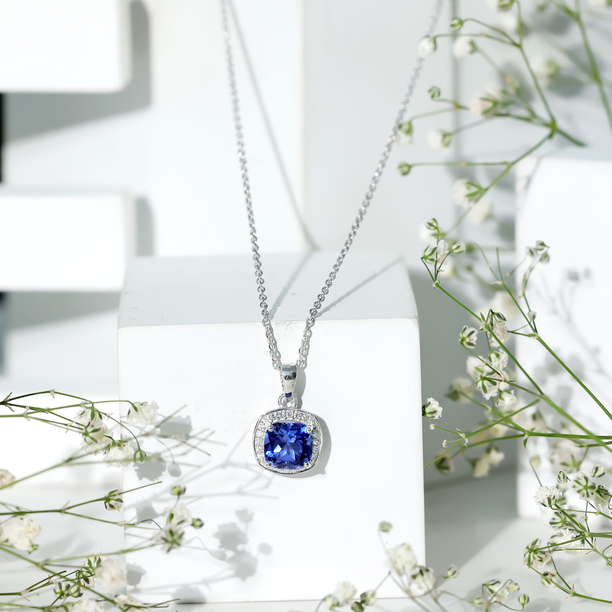 2.7 Carat Cushion Cut Lab Created Blue Sapphire and Diamond Halo Pendant AAAA - Rosec Jewels