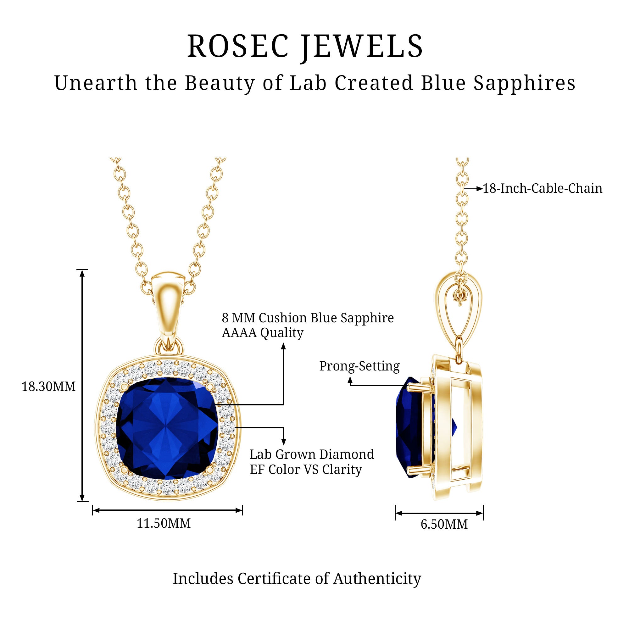 2.7 Carat Cushion Cut Lab Created Blue Sapphire and Diamond Halo Pendant AAAA - Rosec Jewels