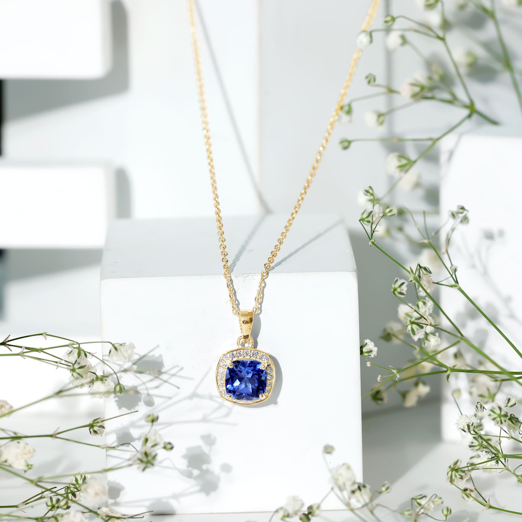 2.7 Carat Cushion Cut Lab Created Blue Sapphire and Diamond Halo Pendant AAAA - Rosec Jewels