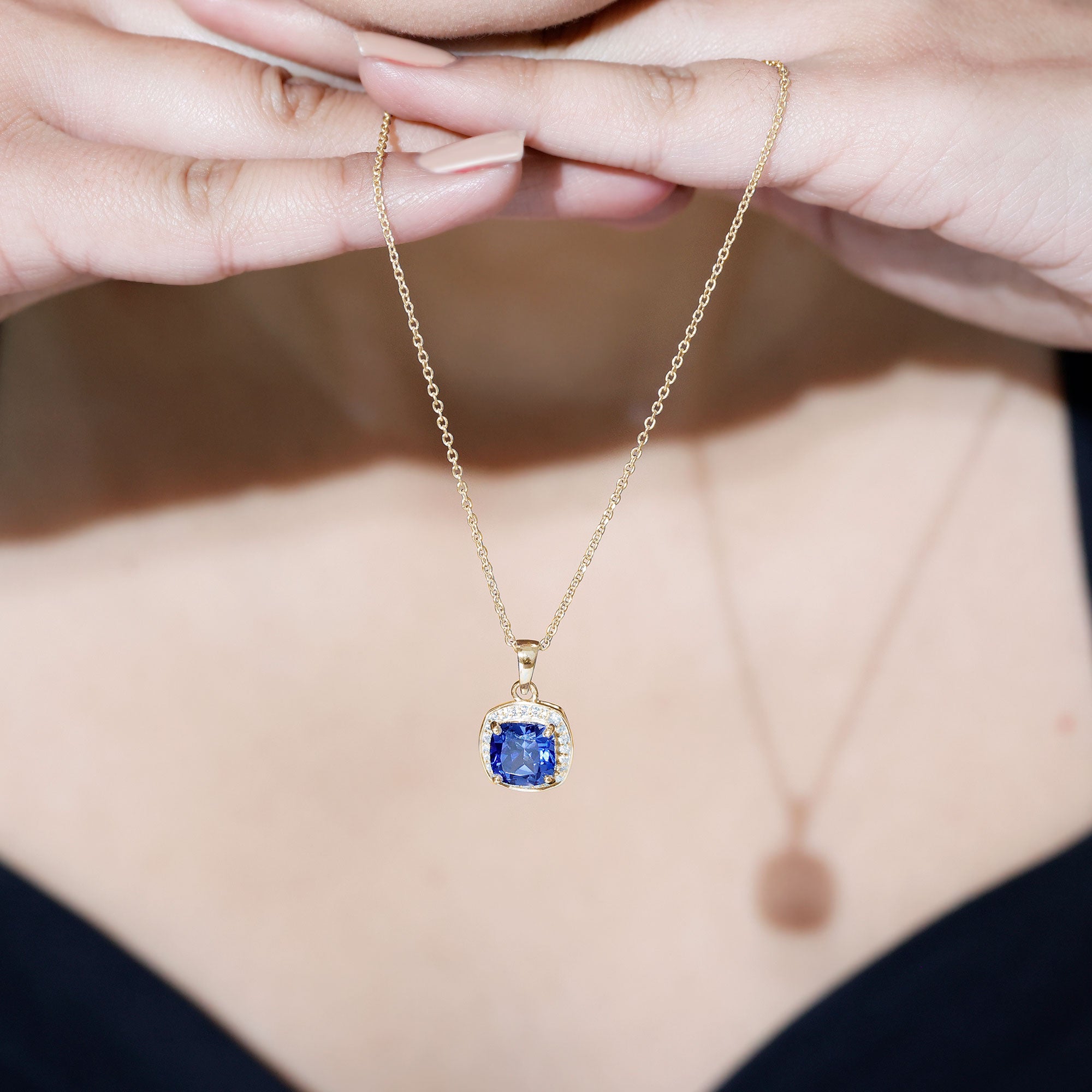 2.7 Carat Cushion Cut Lab Created Blue Sapphire and Diamond Halo Pendant AAAA - Rosec Jewels