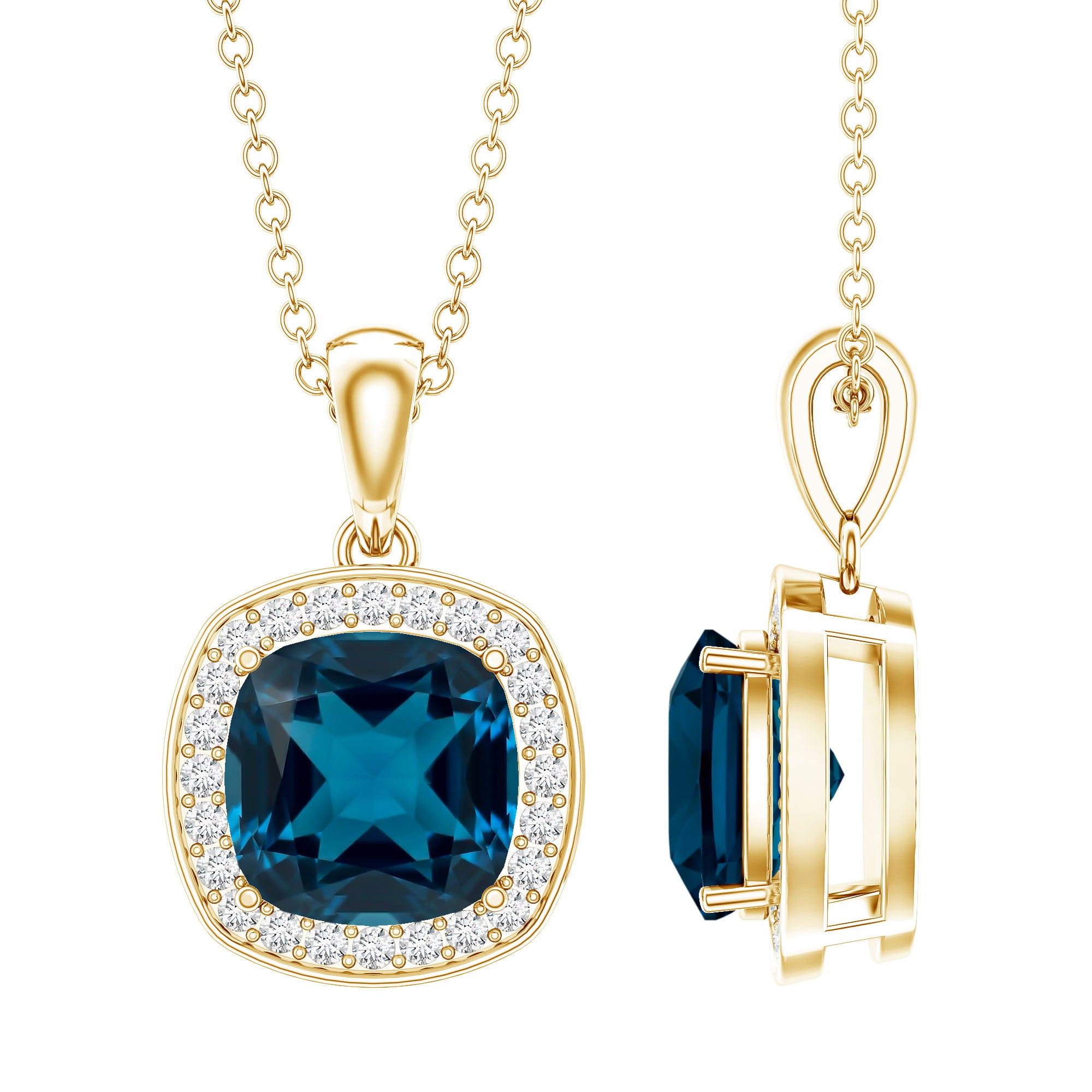 Cushion Cut 2.8 Carat London Blue Topaz Pendant with Diamond Halo AAA - Rosec Jewels