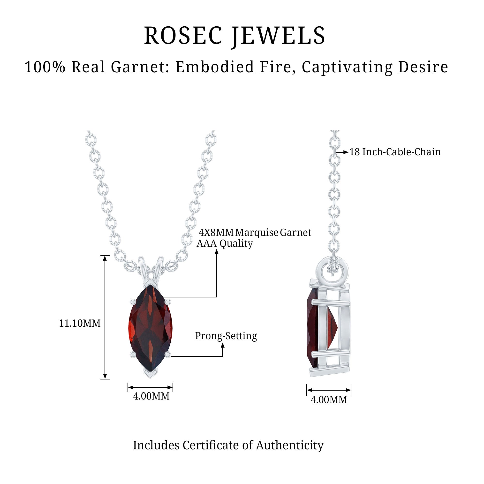 0.75 Carat Marquise Cut Garnet Solitaire Necklace With Chain AAA - Rosec Jewels