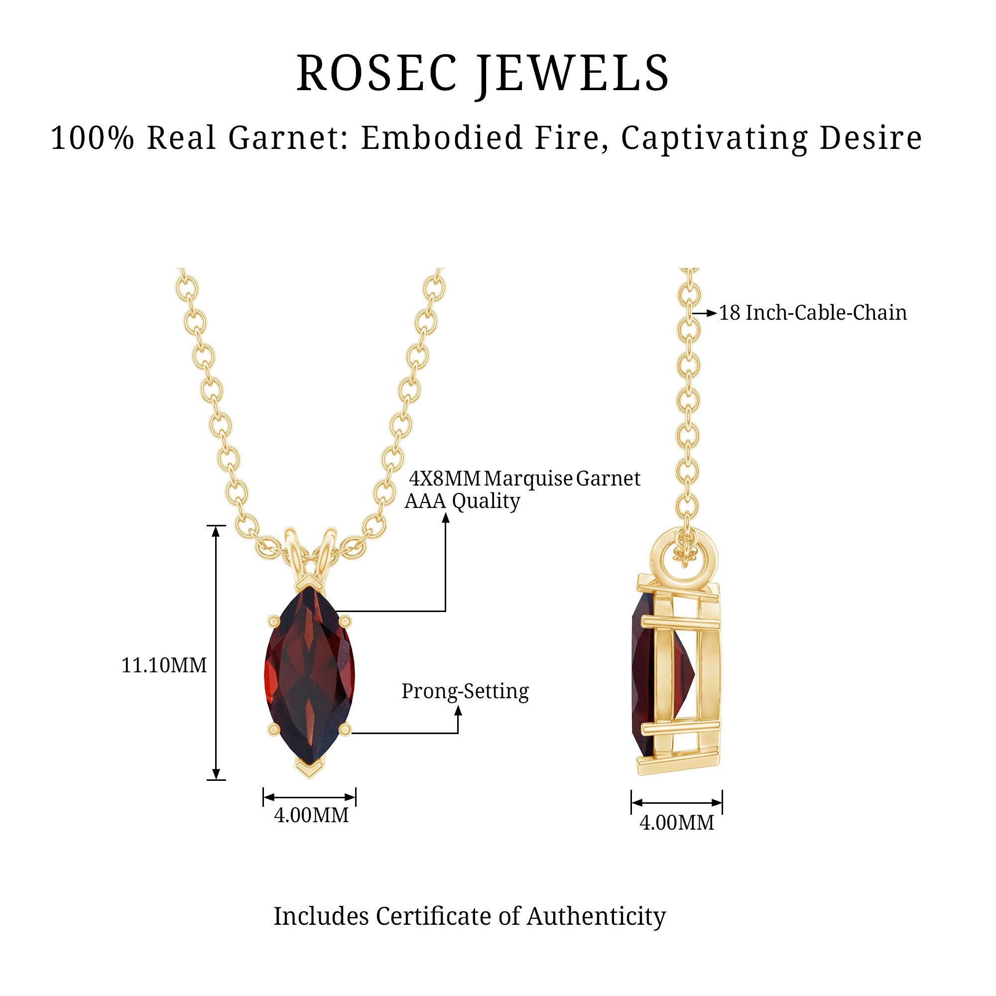 0.75 Carat Marquise Cut Garnet Solitaire Necklace With Chain AAA - Rosec Jewels