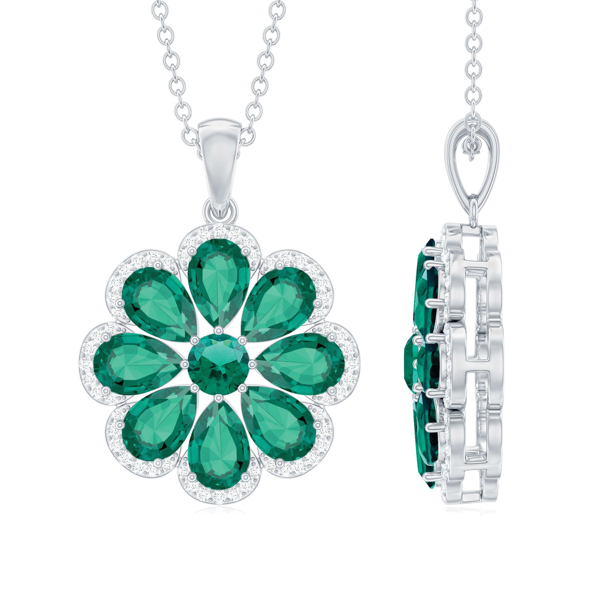 Womens Lab Grown Emerald Flower Necklace with Chain