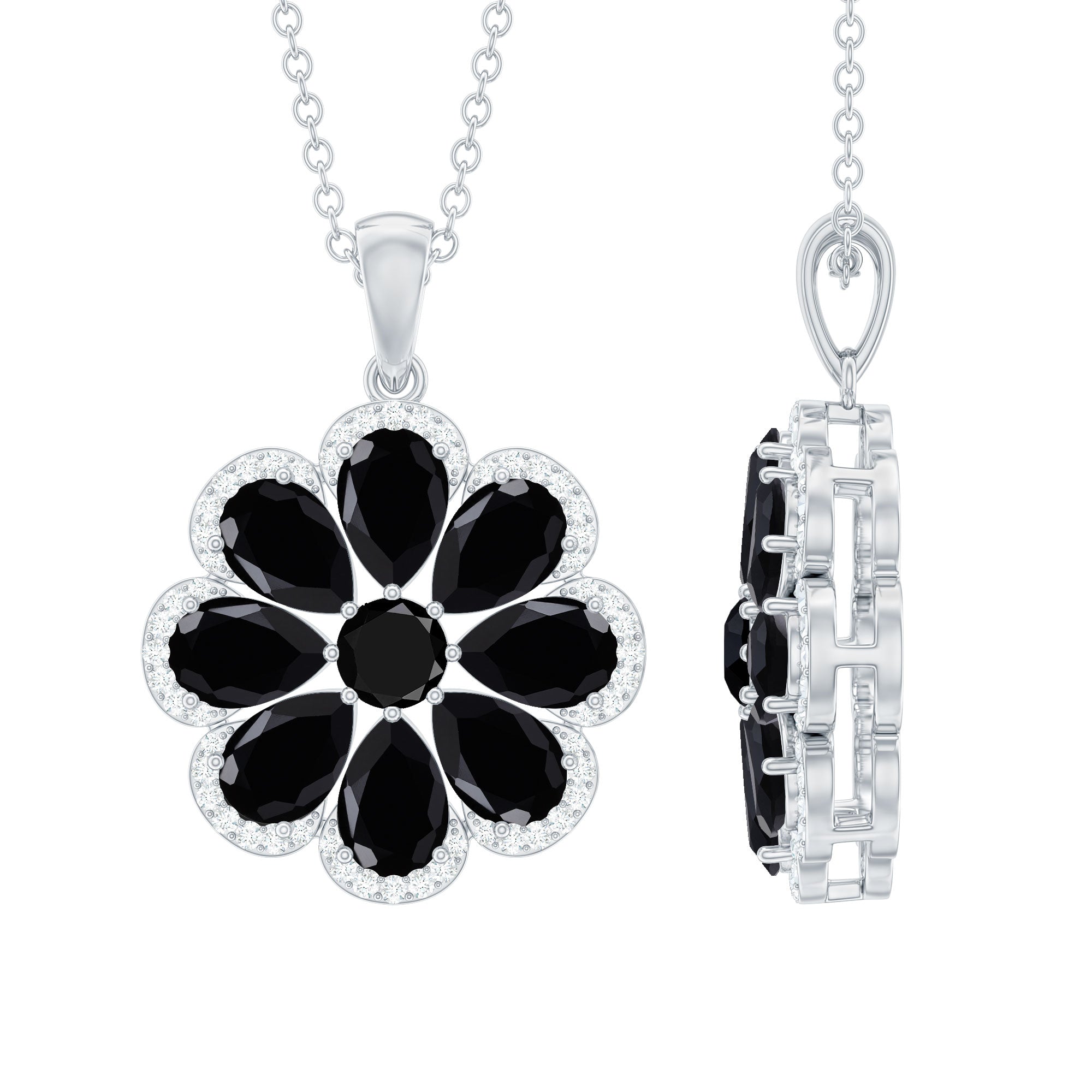 3.25 CT Black Spinel Flower Pendant with Moissanite Halo