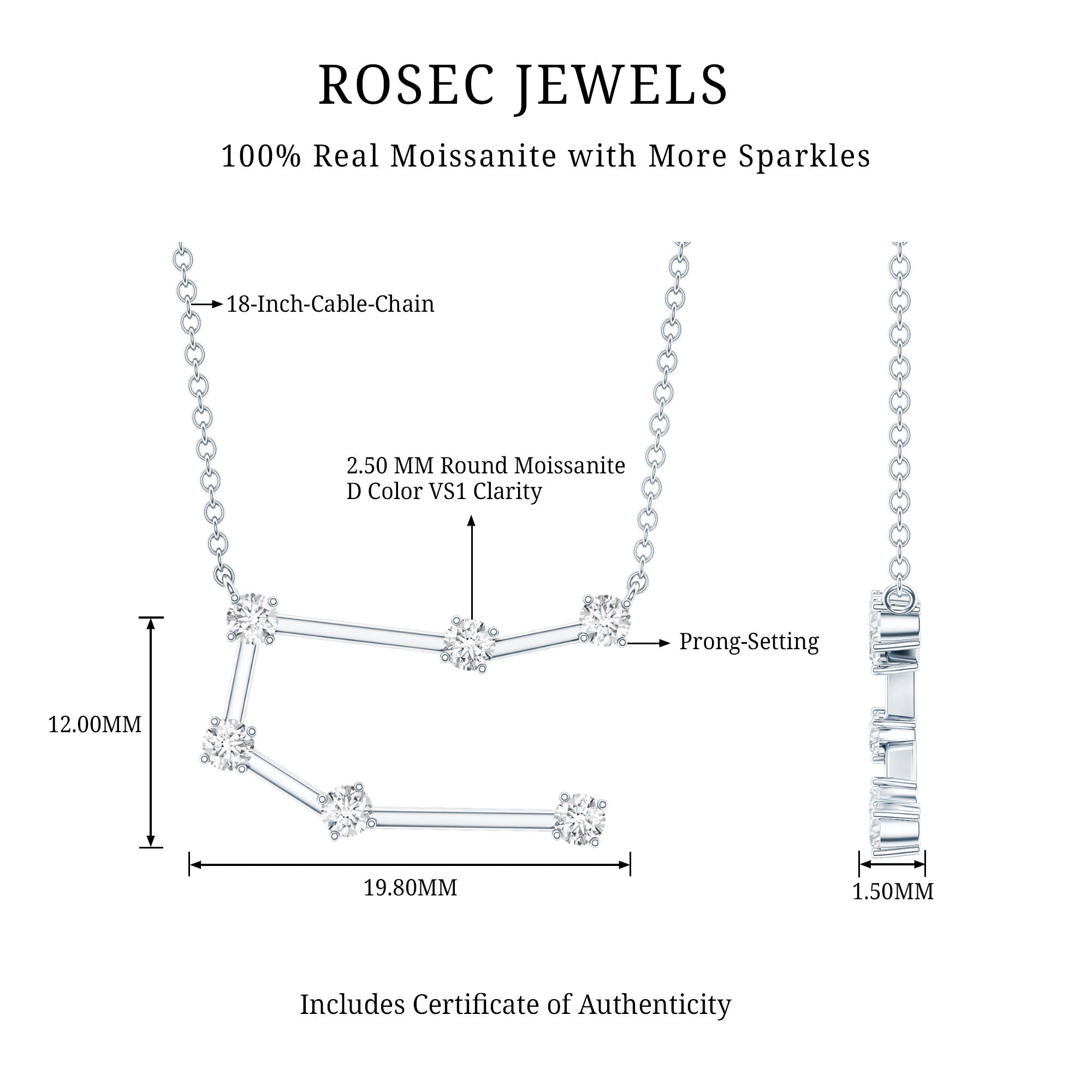 Certified Moissanite Gemini Constellation Necklace D-VS1 - Rosec Jewels