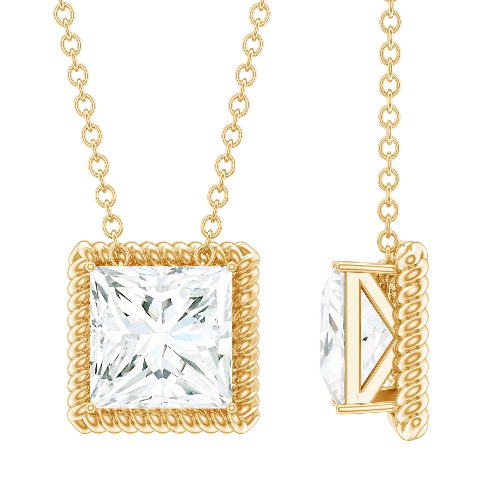 Rosec Jewels-Princess Cut Moissanite Solitaire Necklace with Rope Frame
