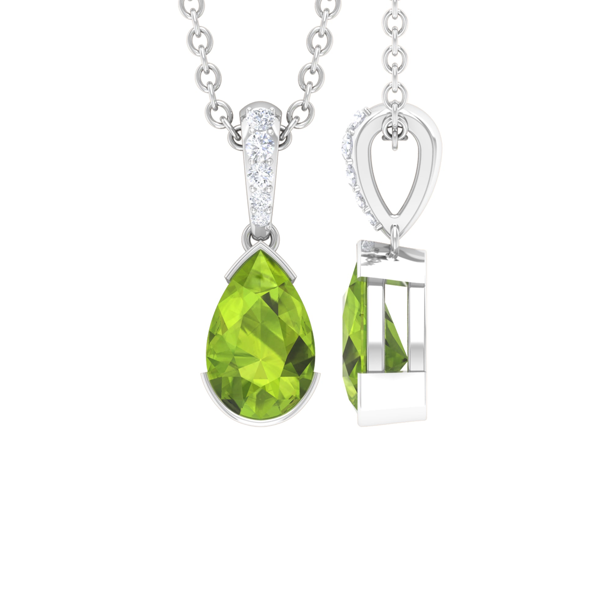 Pear Shape Peridot Solitaire Pendant with Diamond Accent Bail