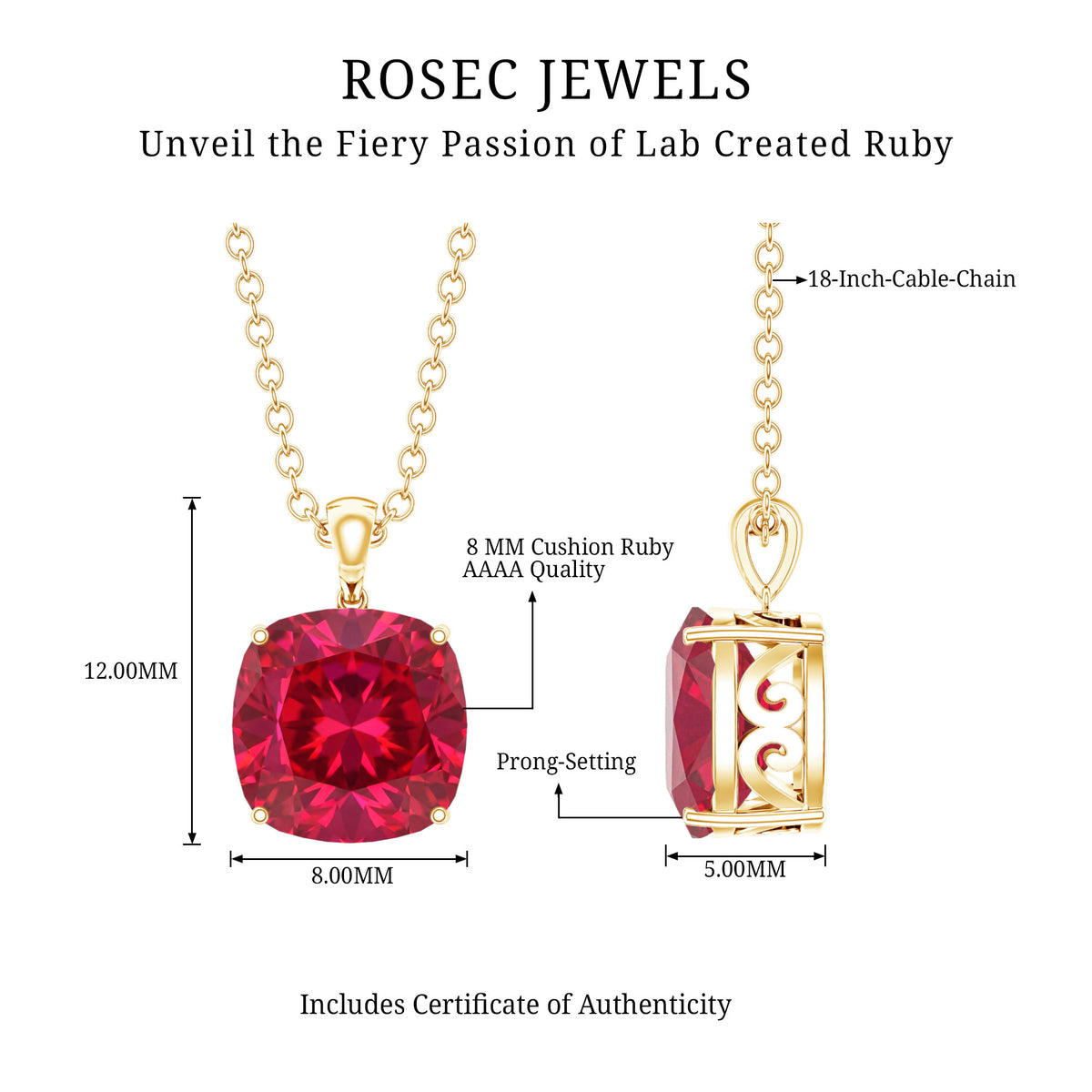 2 Carat Lab Created Ruby Solitaire Necklace With Chain AAAA - Rosec Jewels