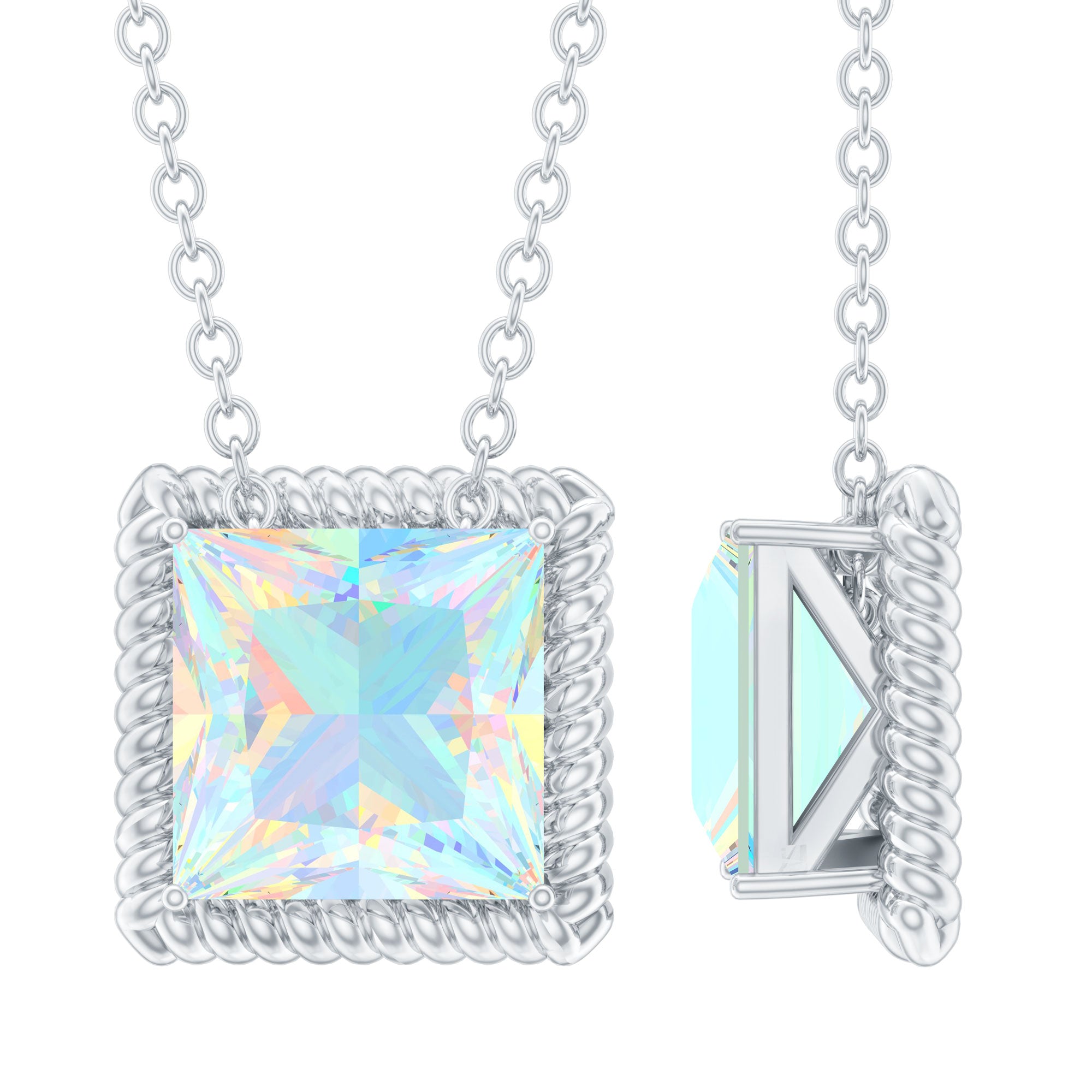 7 MM Princess Cut Ethiopian Opal Solitaire Pendant with Rope Frame Details