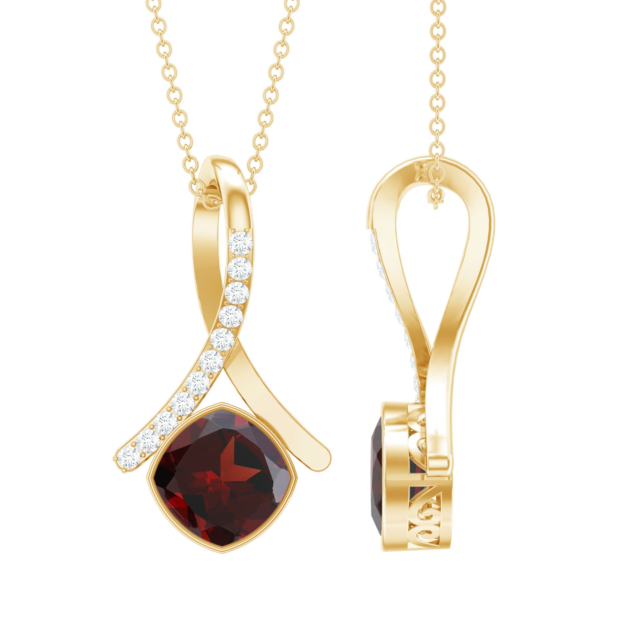 3.2 Carat Cushion Cut Garnet Solitaire Pendant with Diamond Twisted Bail AAA - Rosec Jewels