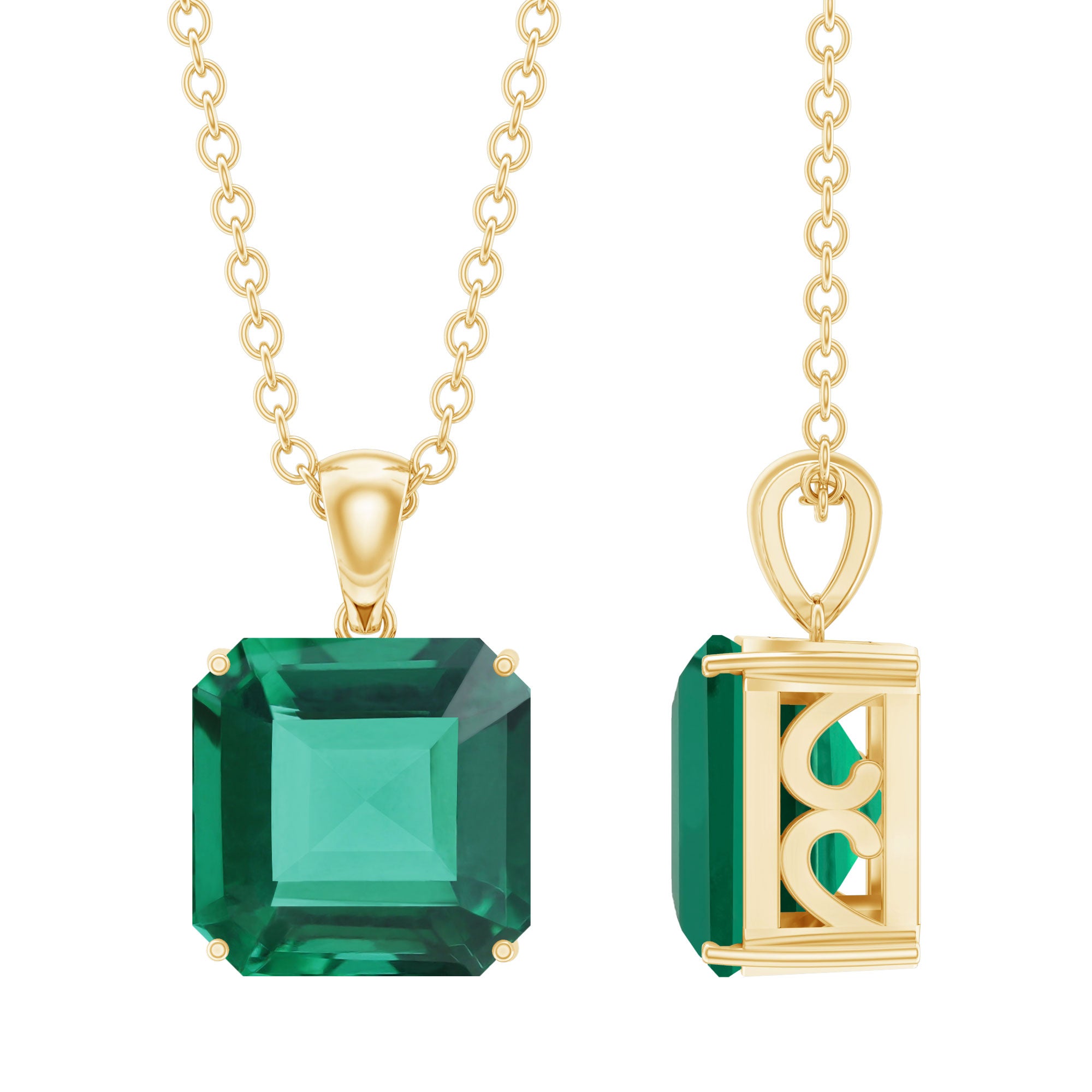 Rosec Jewels-Asscher Cut 8MM Lab Created Emerald Solitaire Pendant with Silver Chain
