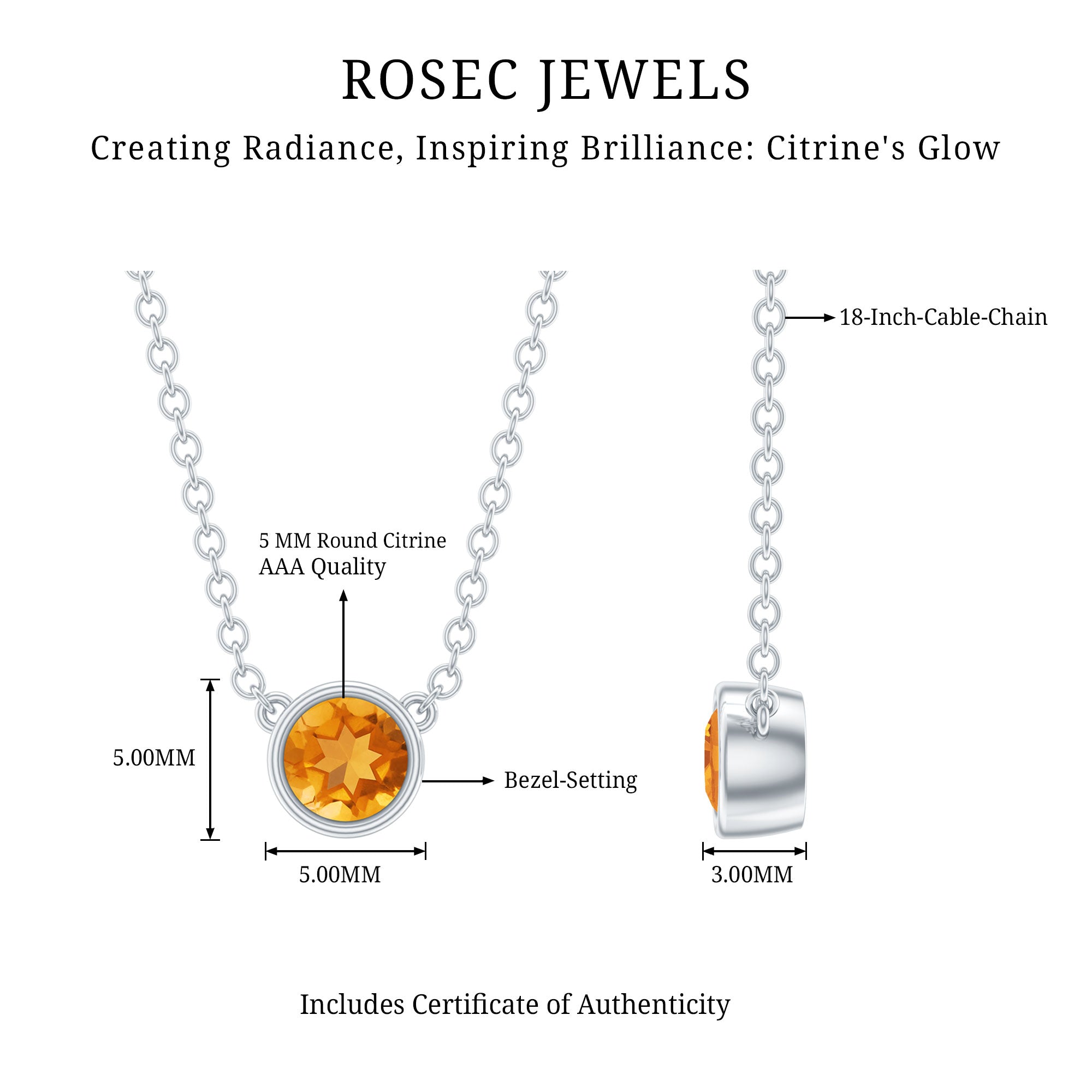 Round Shape Citrine Solitaire Necklace in Bezel Setting AAA - Rosec Jewels