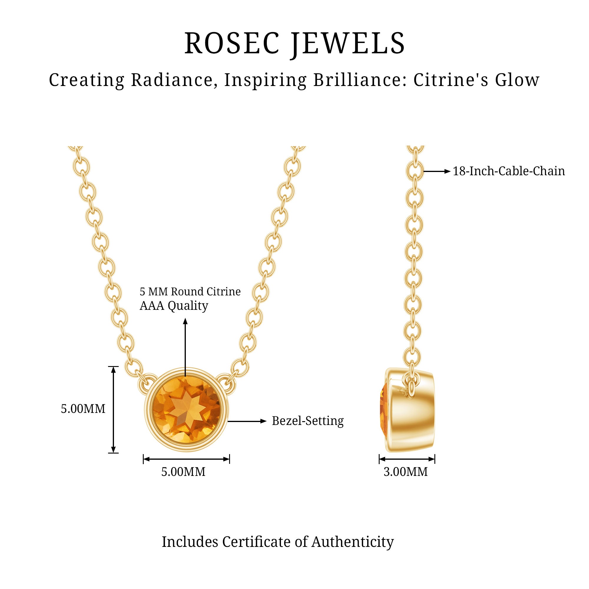 Round Shape Citrine Solitaire Necklace in Bezel Setting AAA - Rosec Jewels