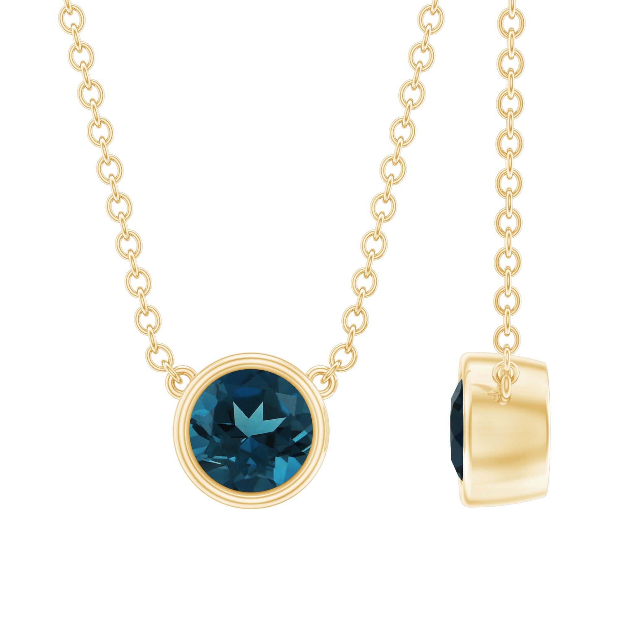 0.6 Carat Round London Blue Topaz Solitaire Necklace in Bezel Setting AAA - Rosec Jewels