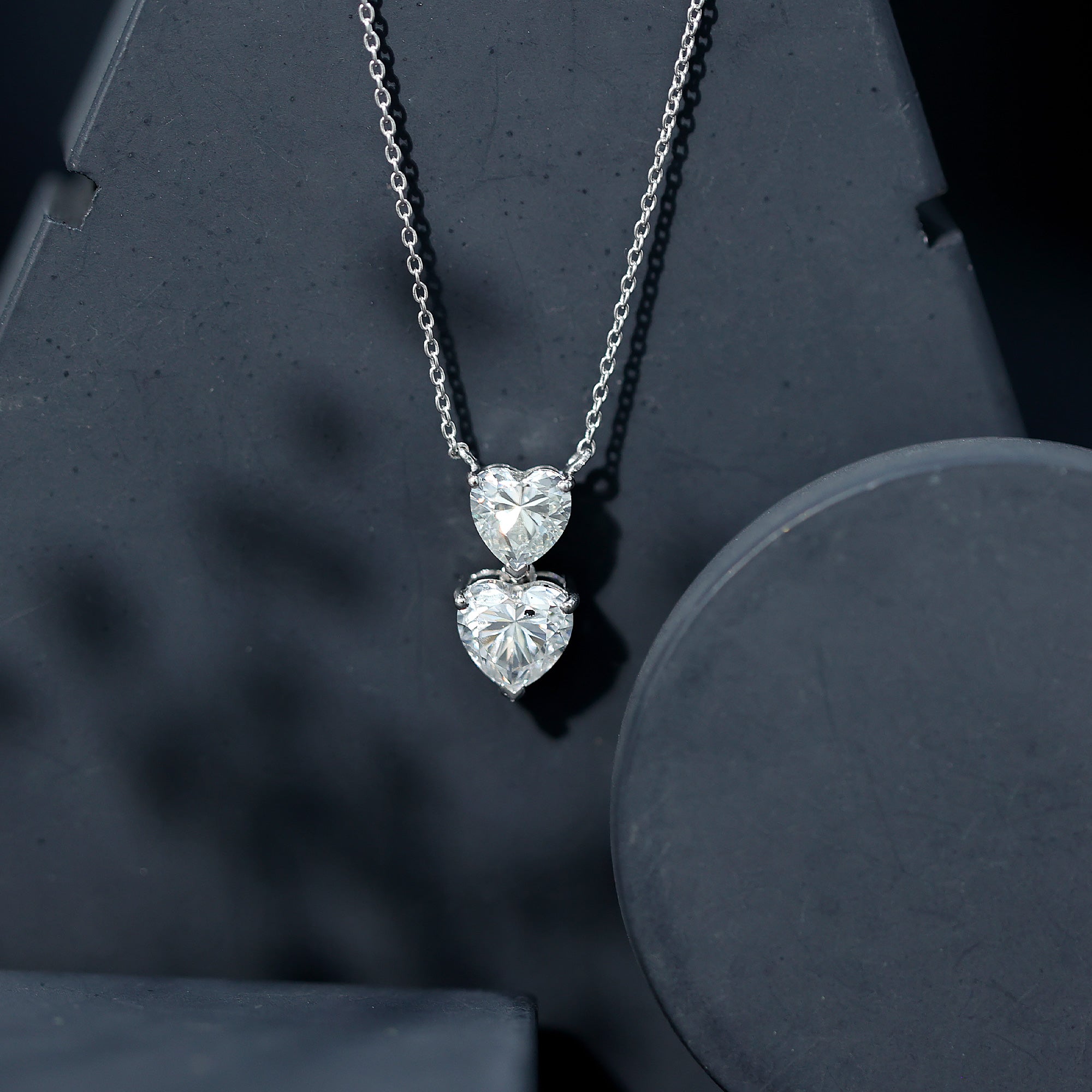 Certified Moissanite Double Heart Necklace in Prong Setting D-VS1 - Rosec Jewels