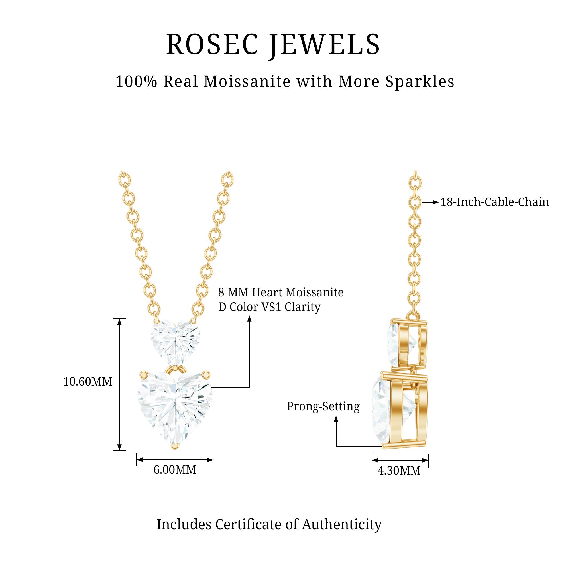 Certified Moissanite Double Heart Necklace in Prong Setting D-VS1 - Rosec Jewels