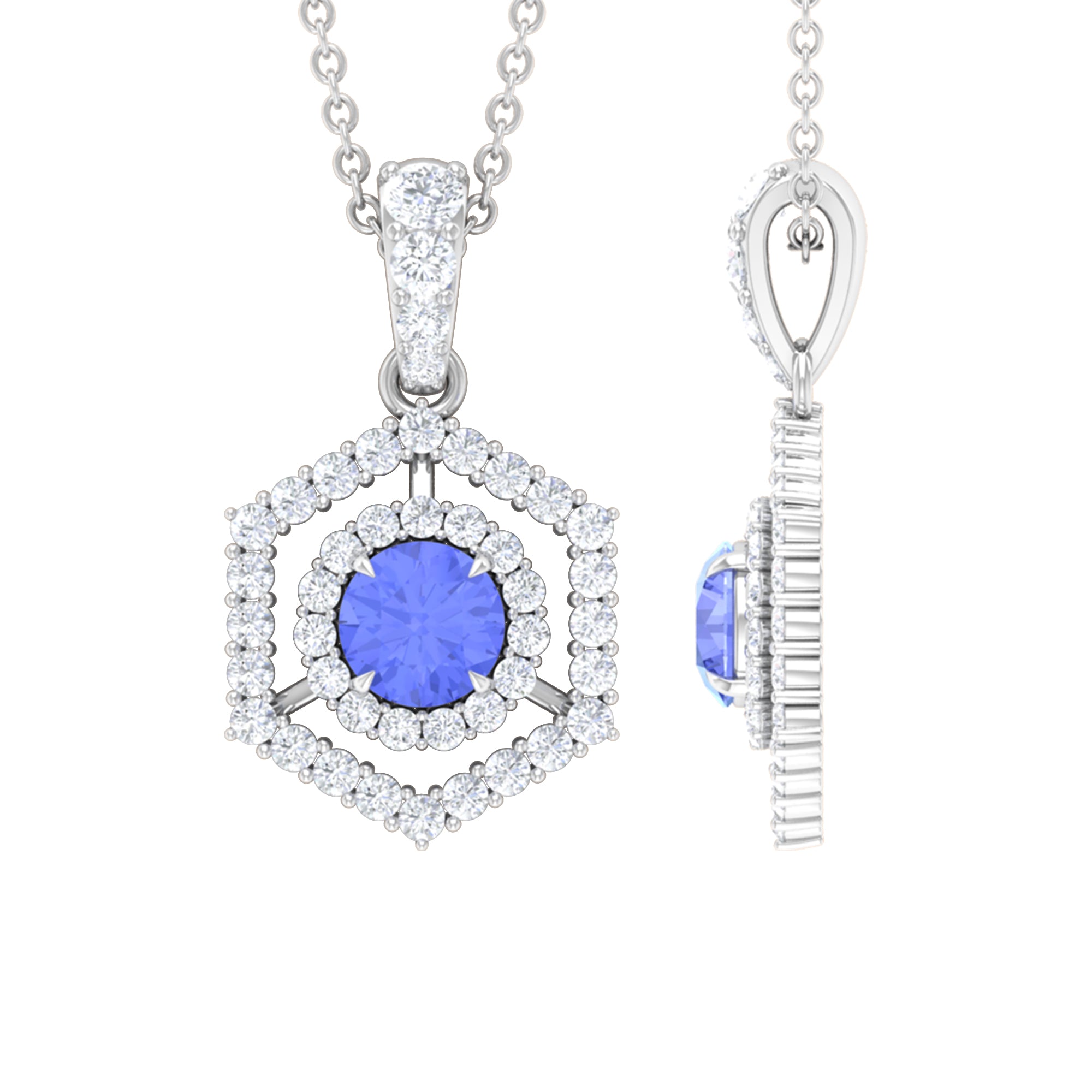 Tanzanite and Diamond Hexagon Pendant Necklace
