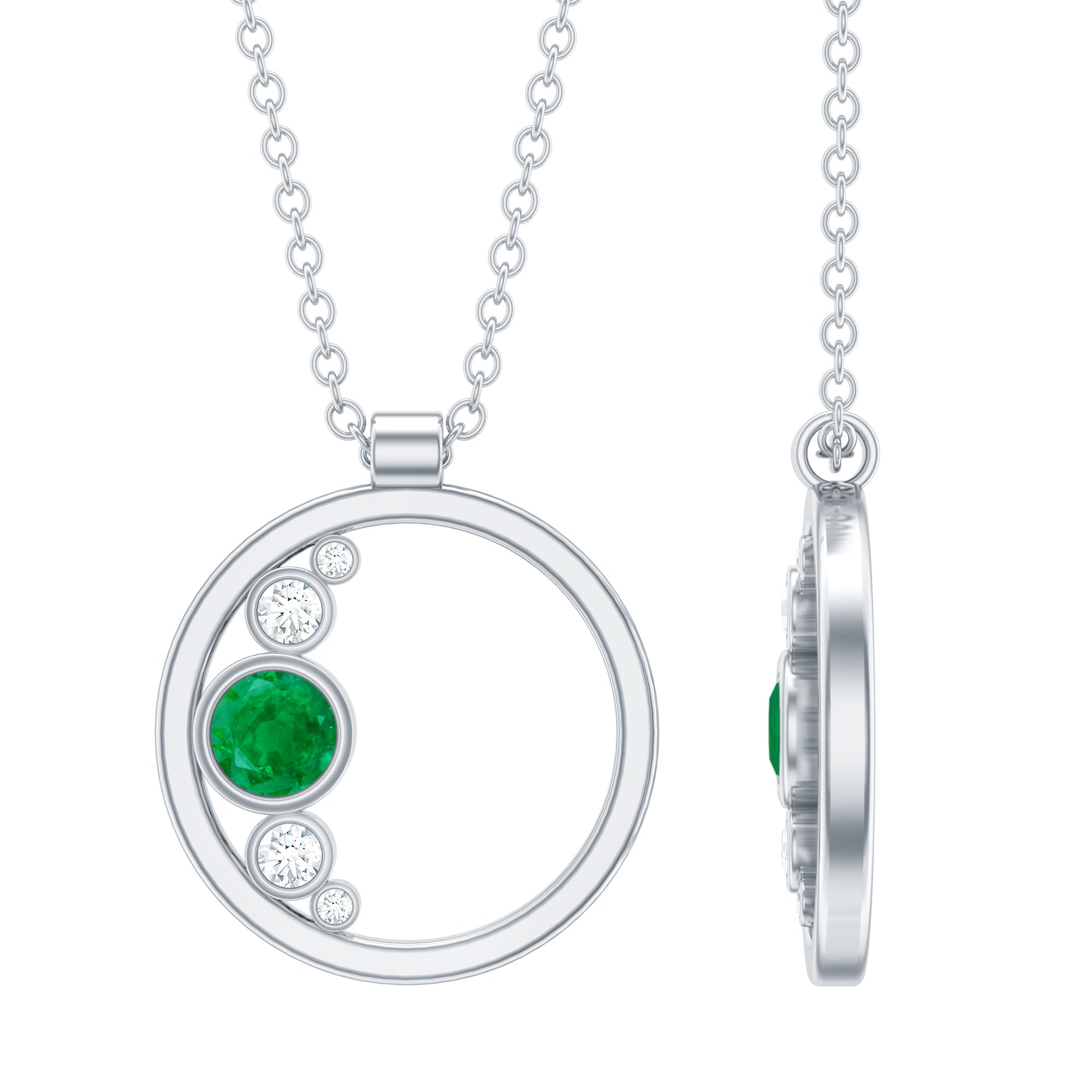 Bezel Set Emerald and Diamond Promise Necklace For Women AAA - Rosec Jewels